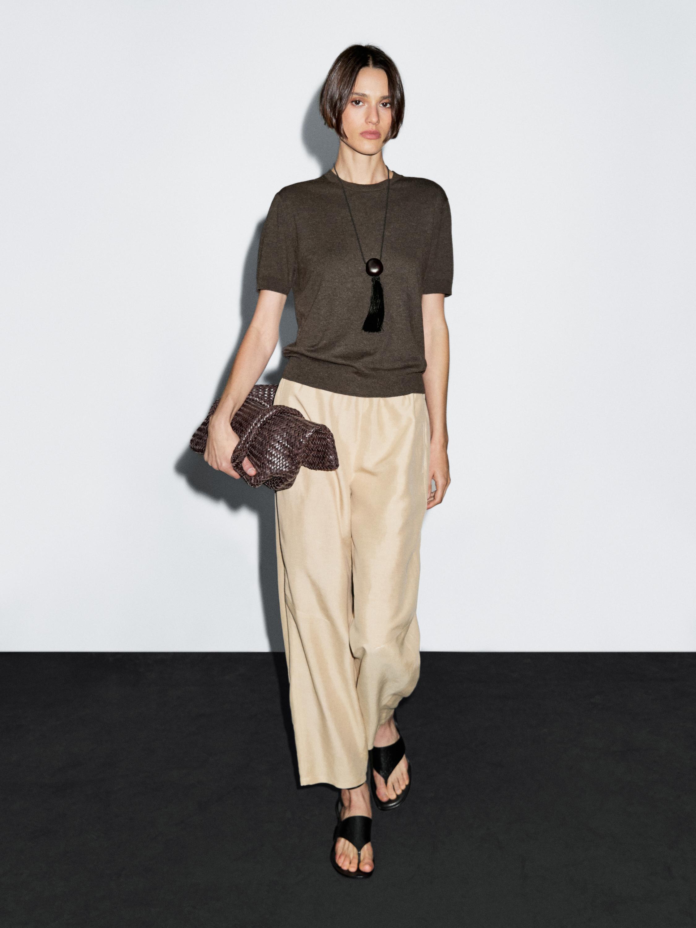 Short-sleeve wool blend knit sweater