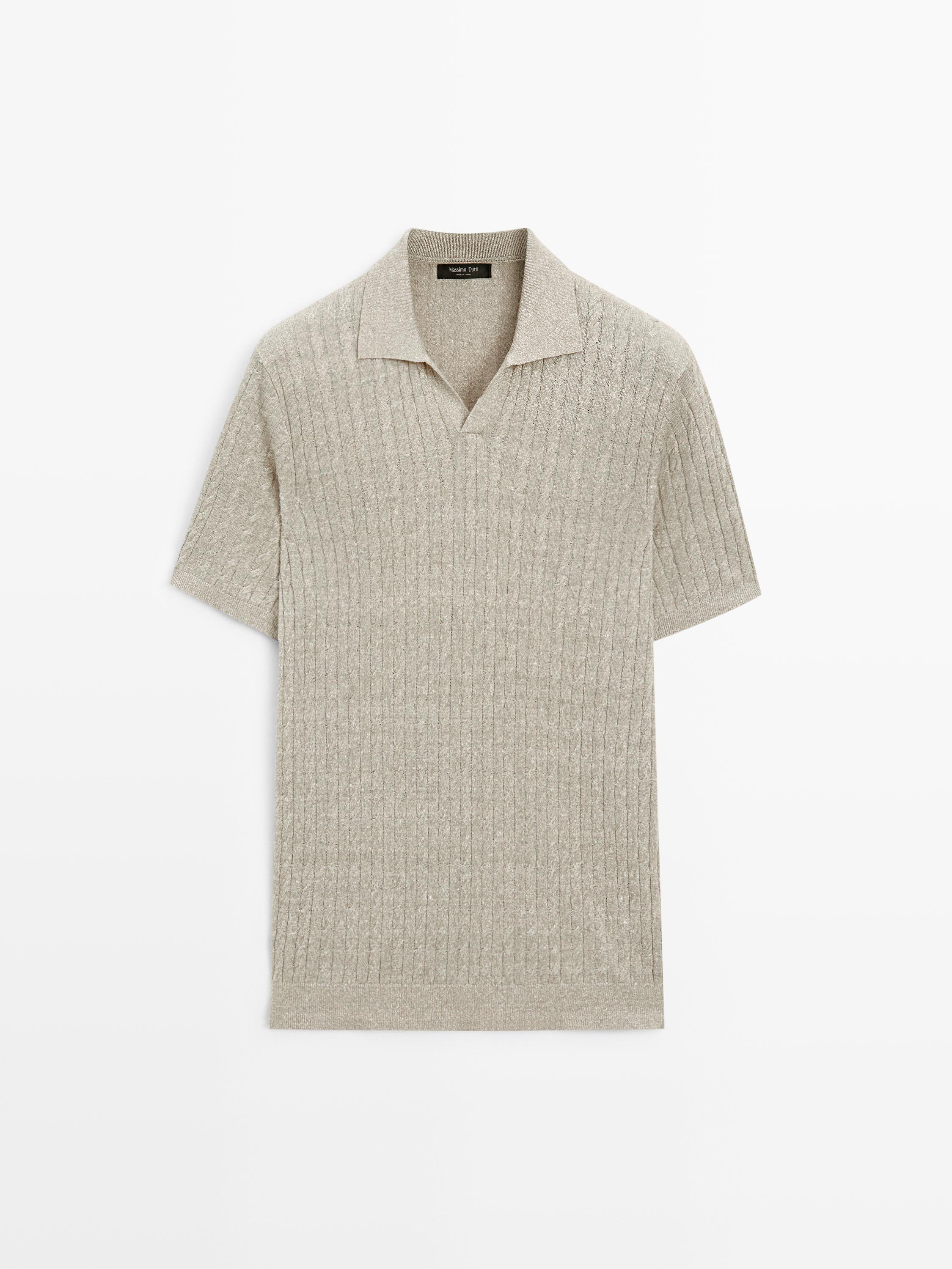 Cotton and linen cable-knit polo sweater