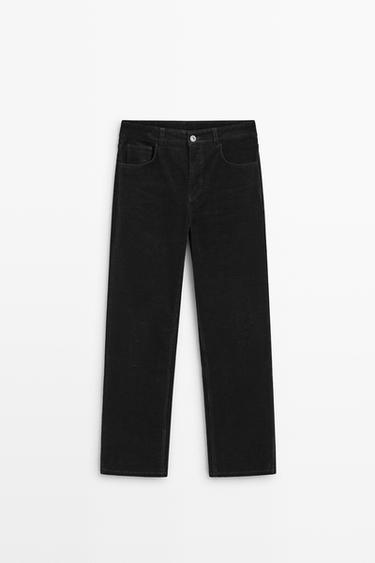 Mid-waist slim straight needlecord pants — BLACK 2