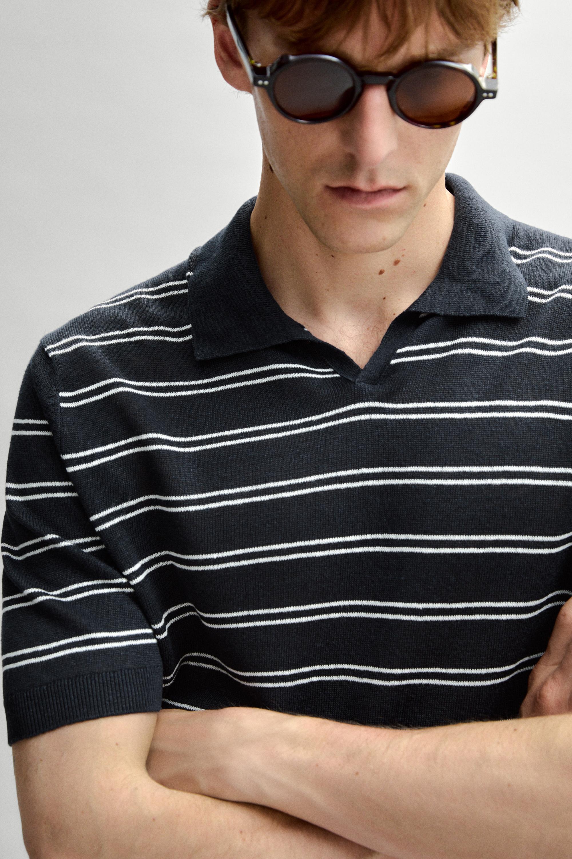 Striped 100% linen V-neck polo shirt — NAVY BLUE