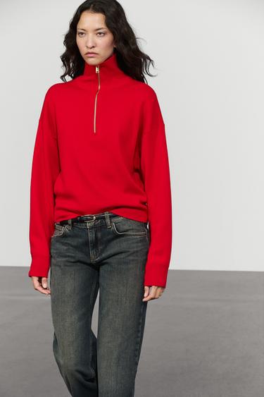 Cotton knit polo sweater with quarter-zip collar — RED 8