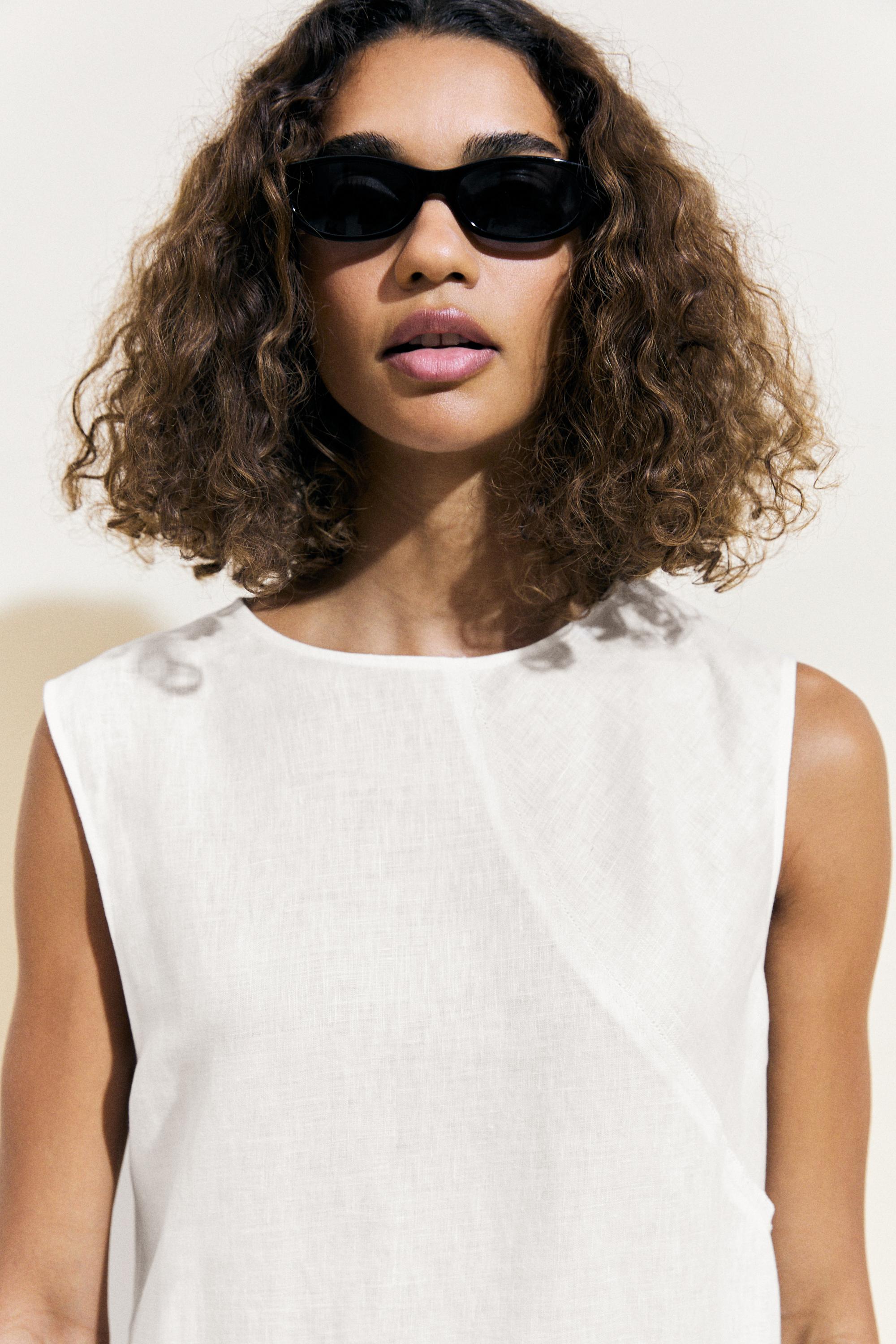 Flowing 100% linen midi dress — WHITE