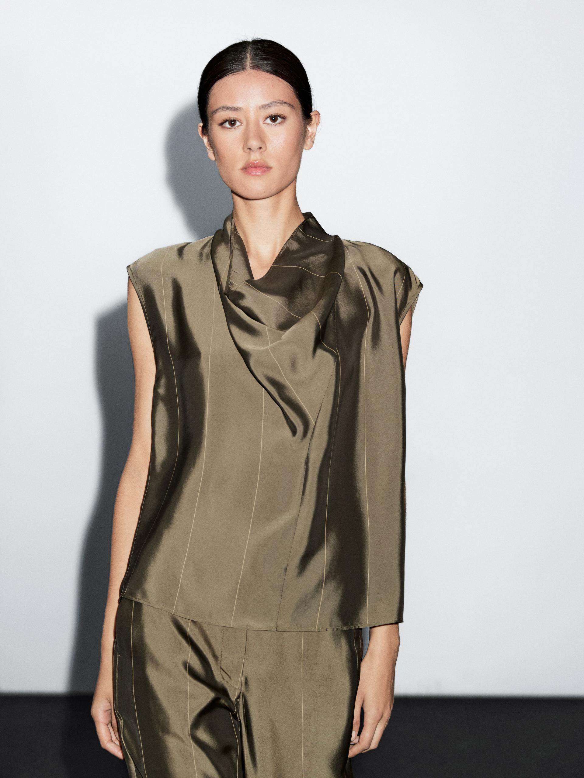Luźna Bluzka Z Detalami W Paski - Khaki - L - Massimo Dutti - Kobieta