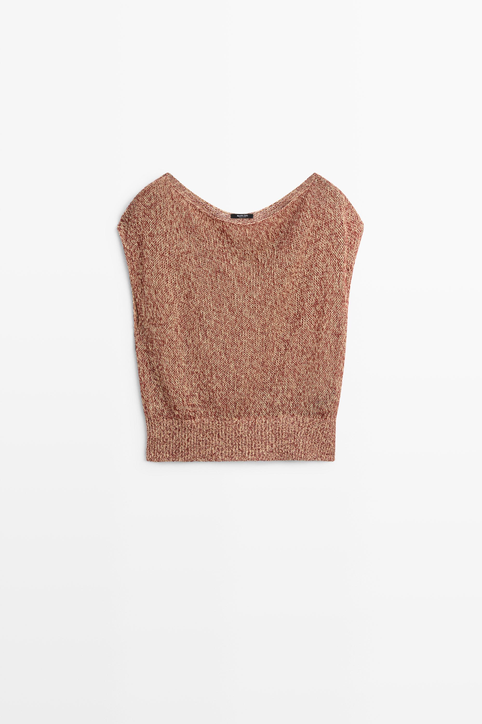 Cotton blend knit top with ribbed hem — RUSSET