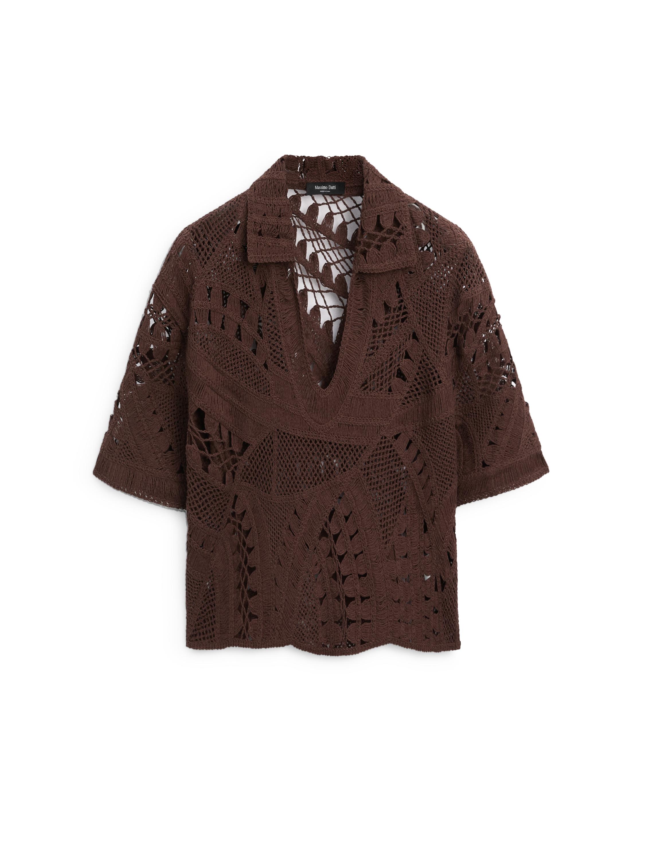 Cotton blend crochet polo T-shirt — BROWN