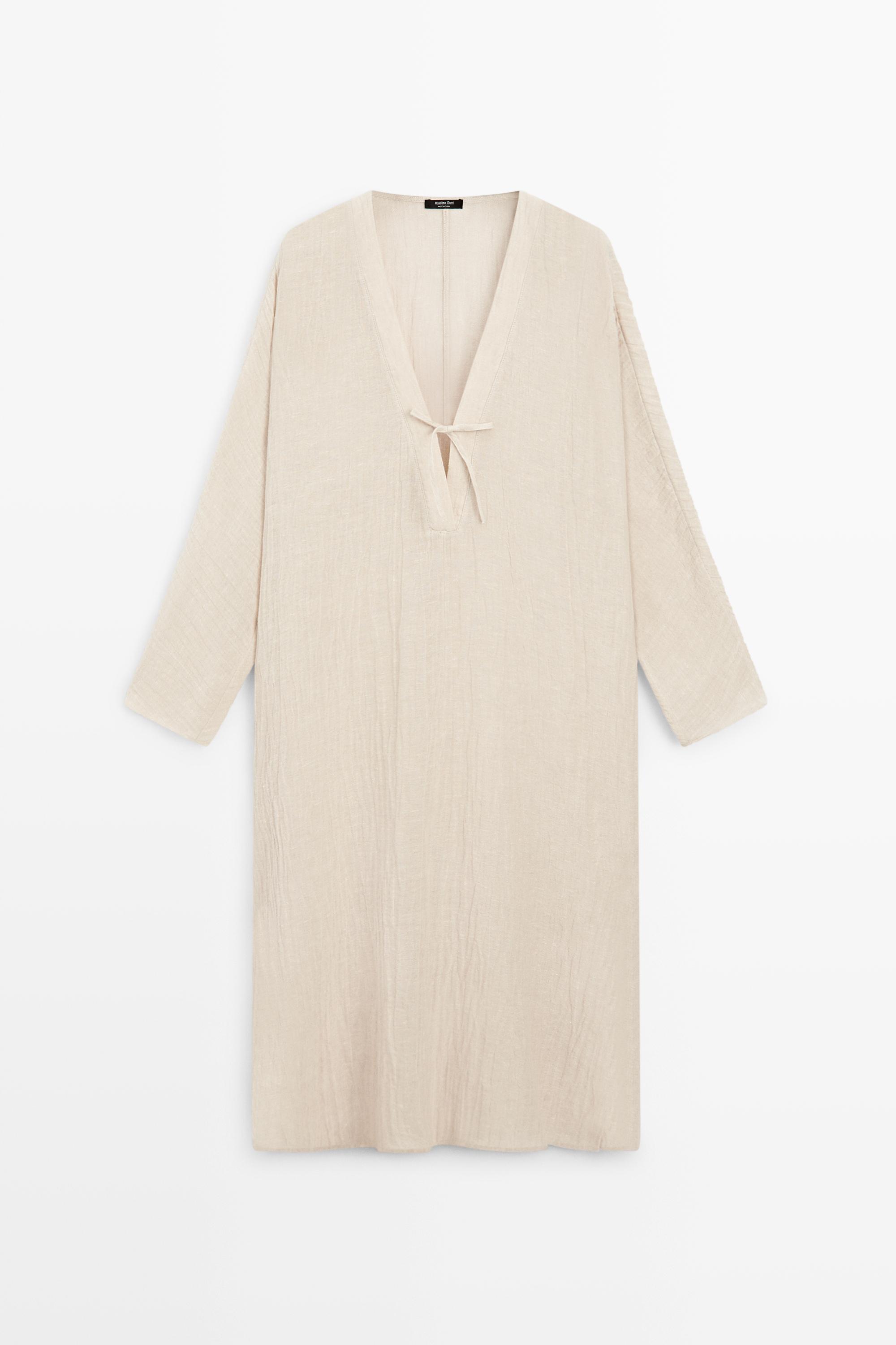 Linen blend kaftan dress with tied neckline — Off white