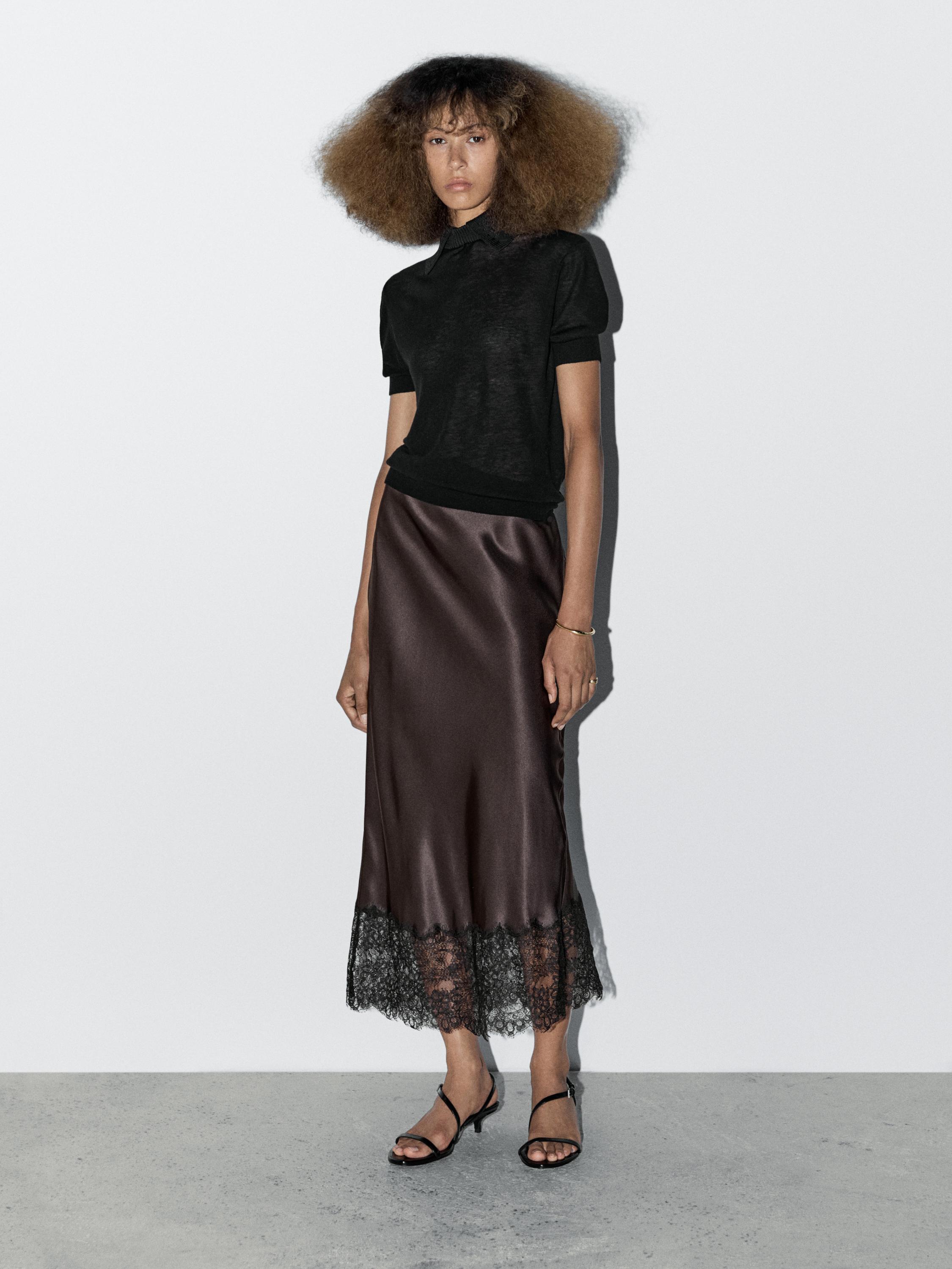 Satin lace-trimmed midi skirt - STUDIO