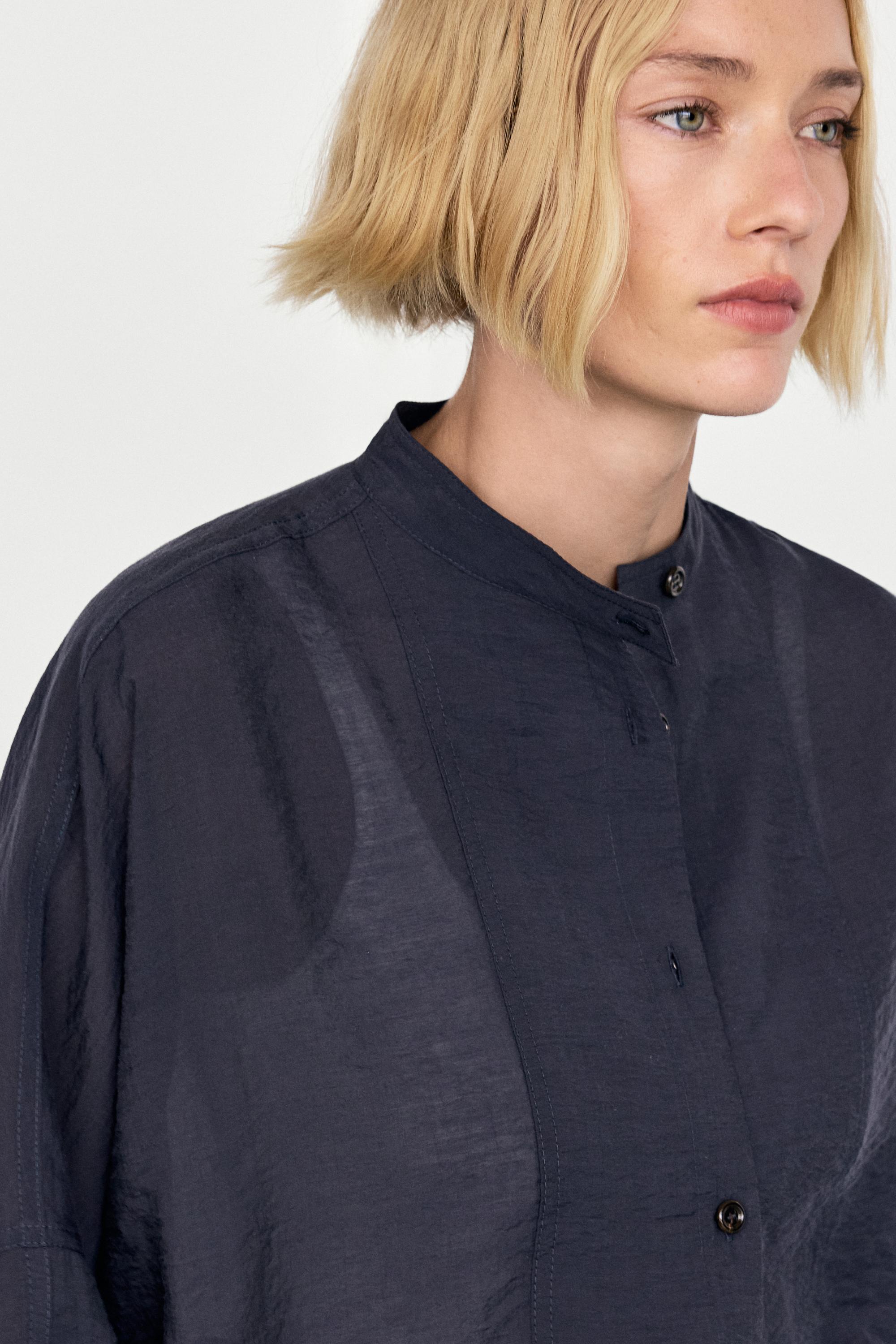 Stand collar bomber jacket with button details — MEDIUM BLUE