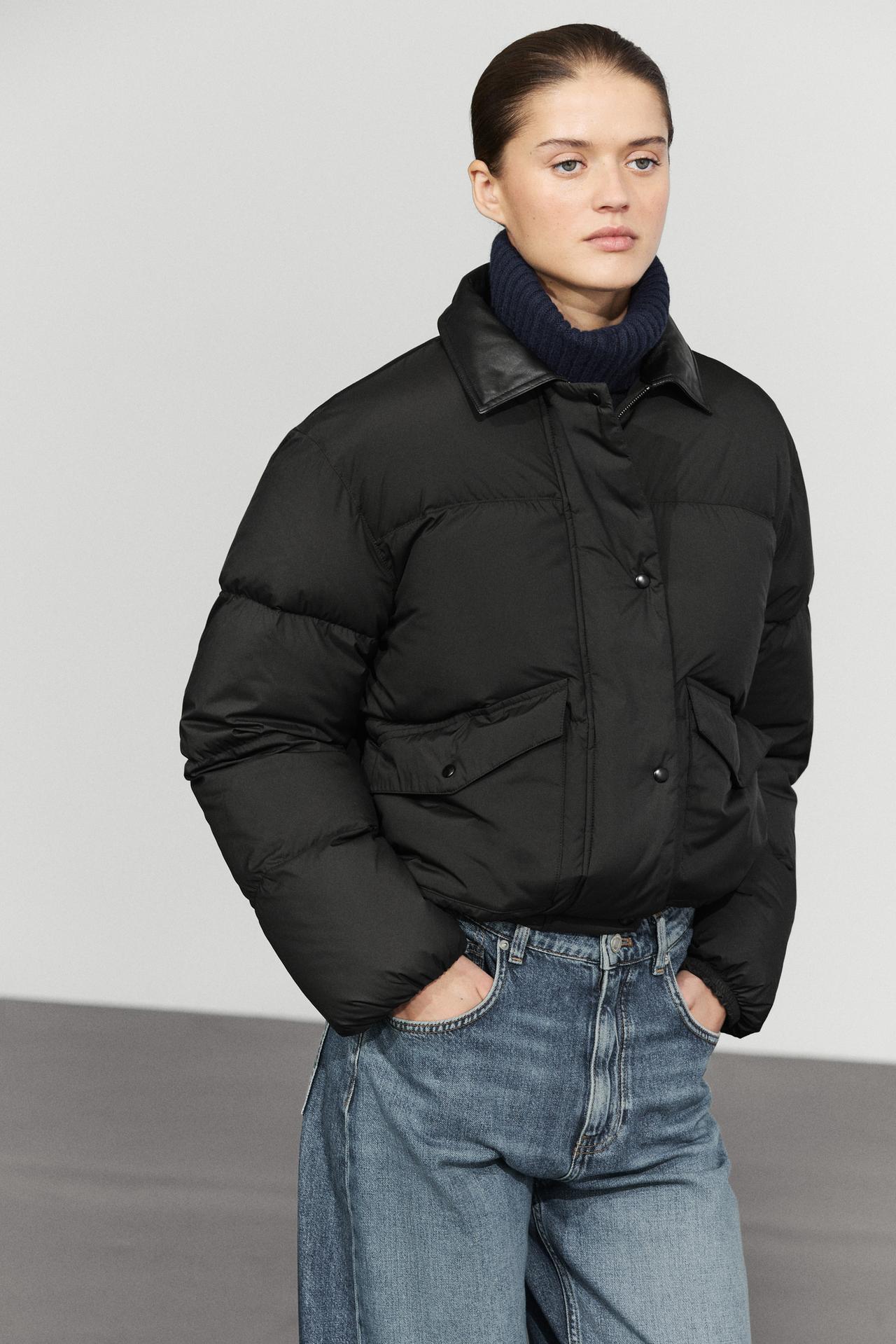 Down bomber jacket with nappa leather collar — BLACK