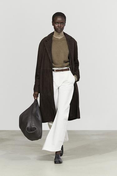 Suede coat with detachable collar — BROWN 1
