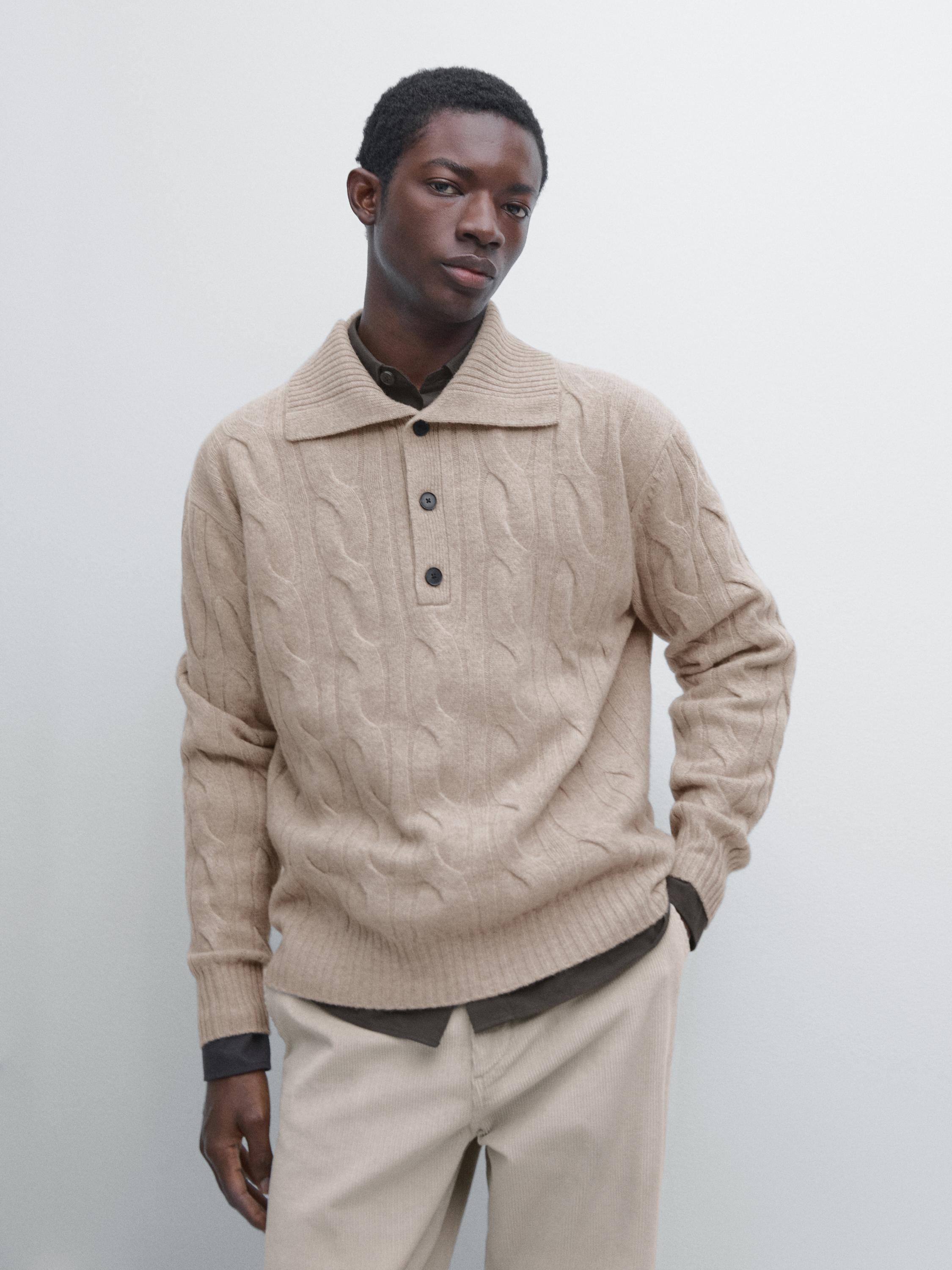 Wool cable-knit polo sweater — Sand