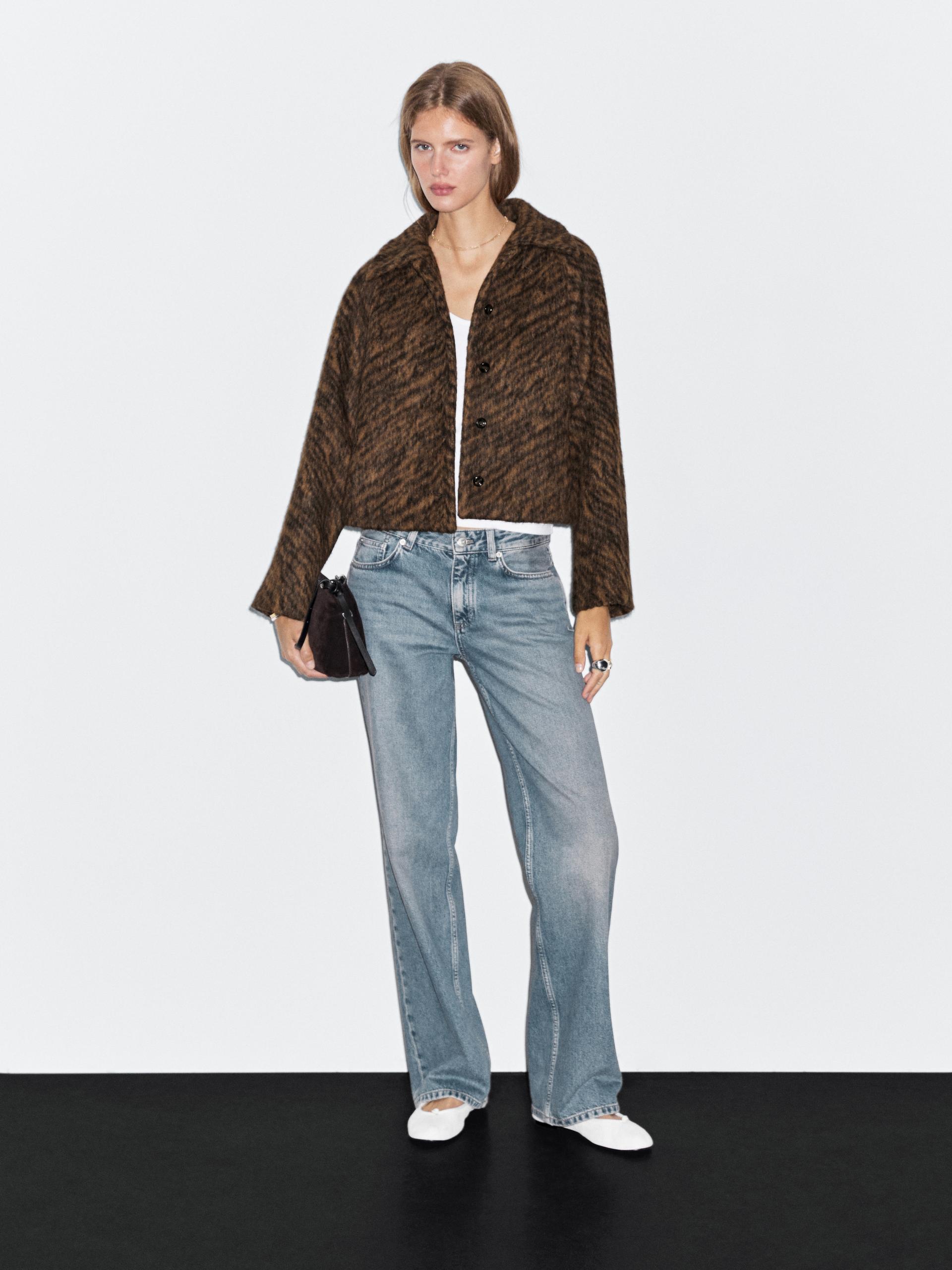 Massimo Dutti Short Animal Print Coat In Brown