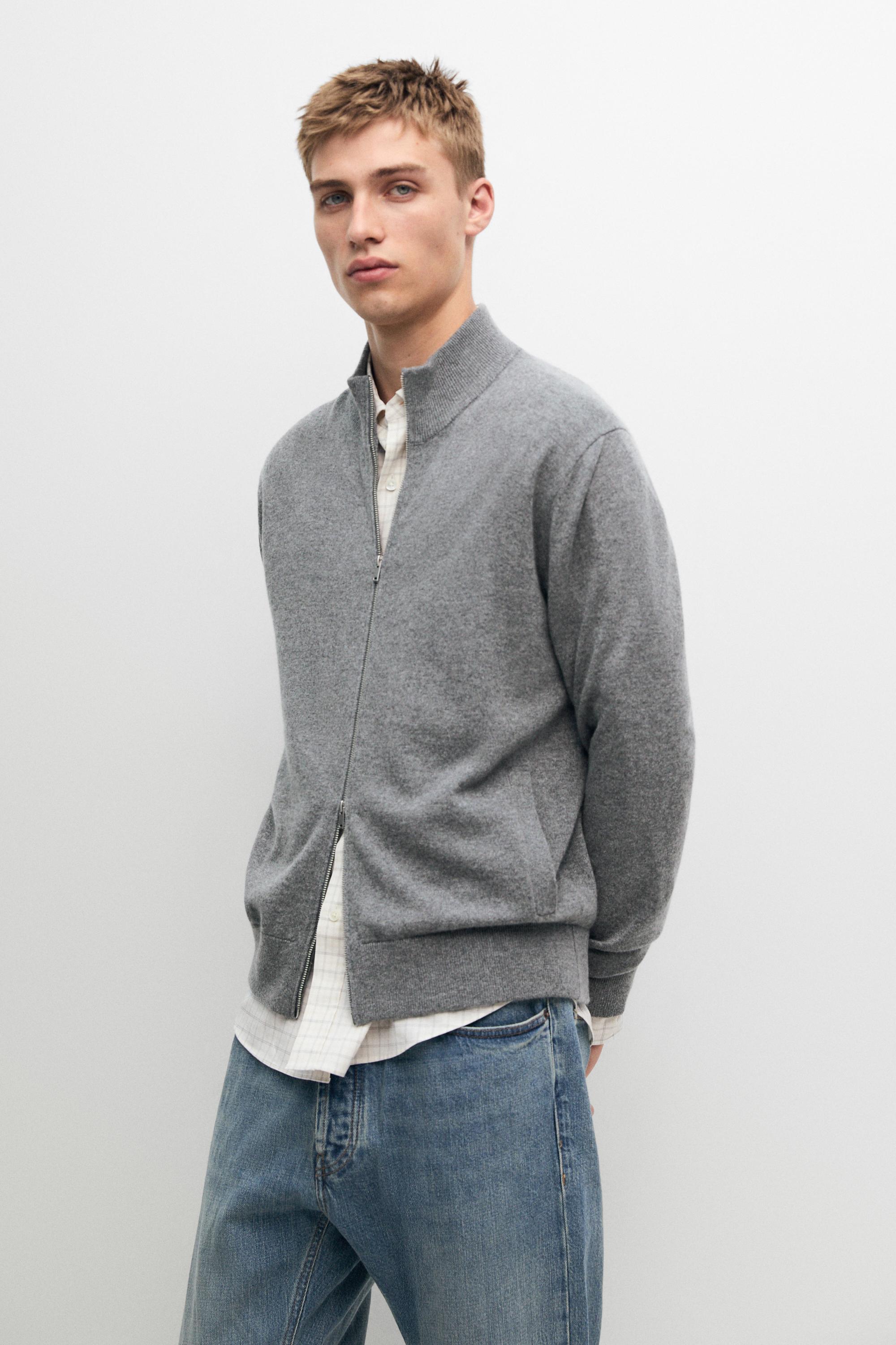 100% cashmere zip-up knit cardigan — ANTHRACITE GREY