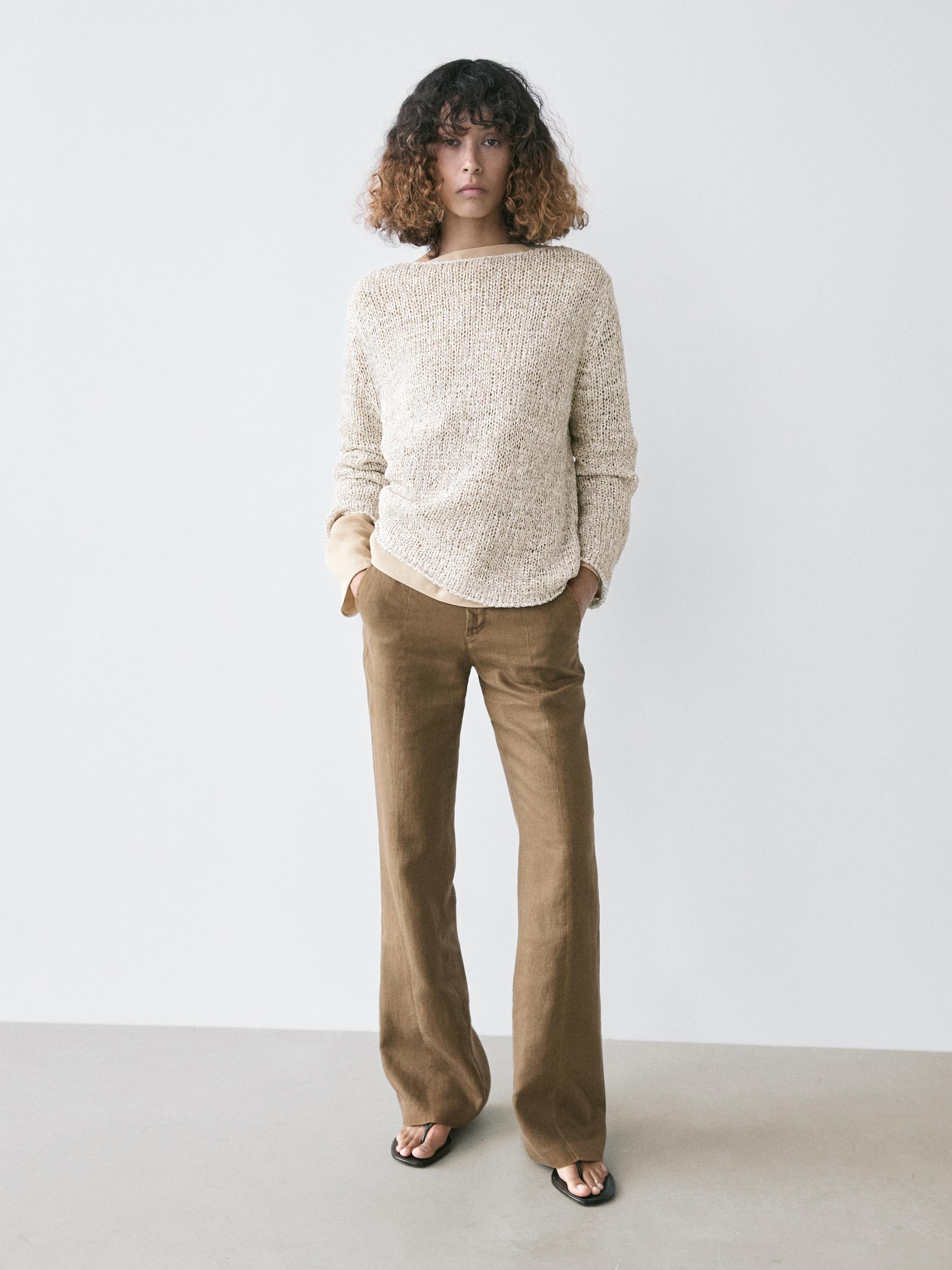 Boat neck knit sweater — BEIGE