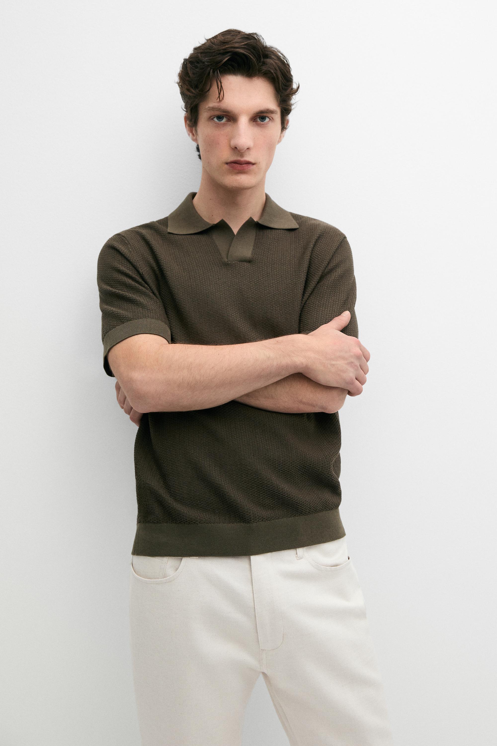 100% cotton textured knit polo sweater — Greyish green
