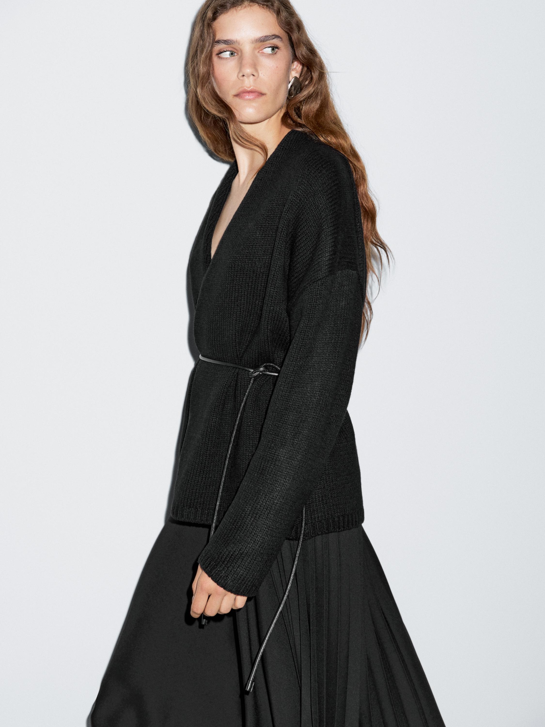 Long knit cardigan with belt