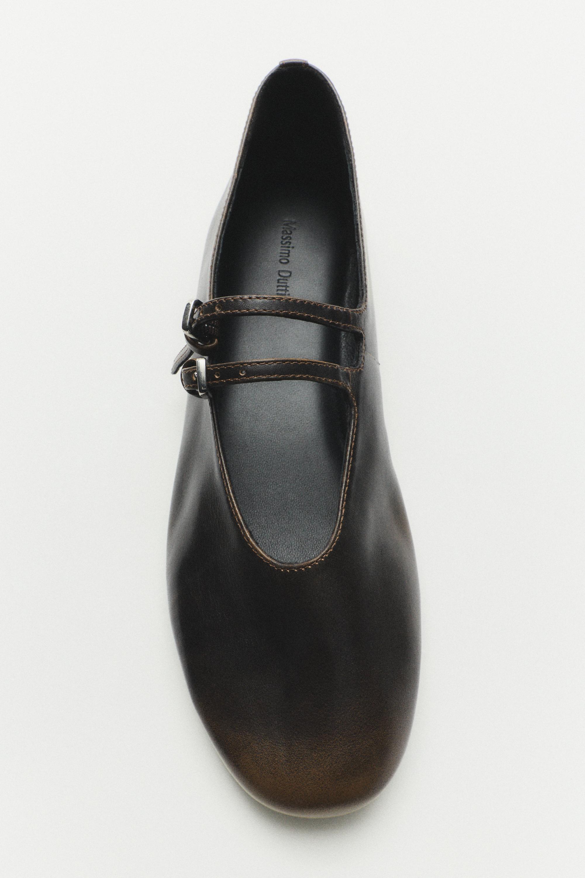 Double-strap leather ballet flat — BROWN