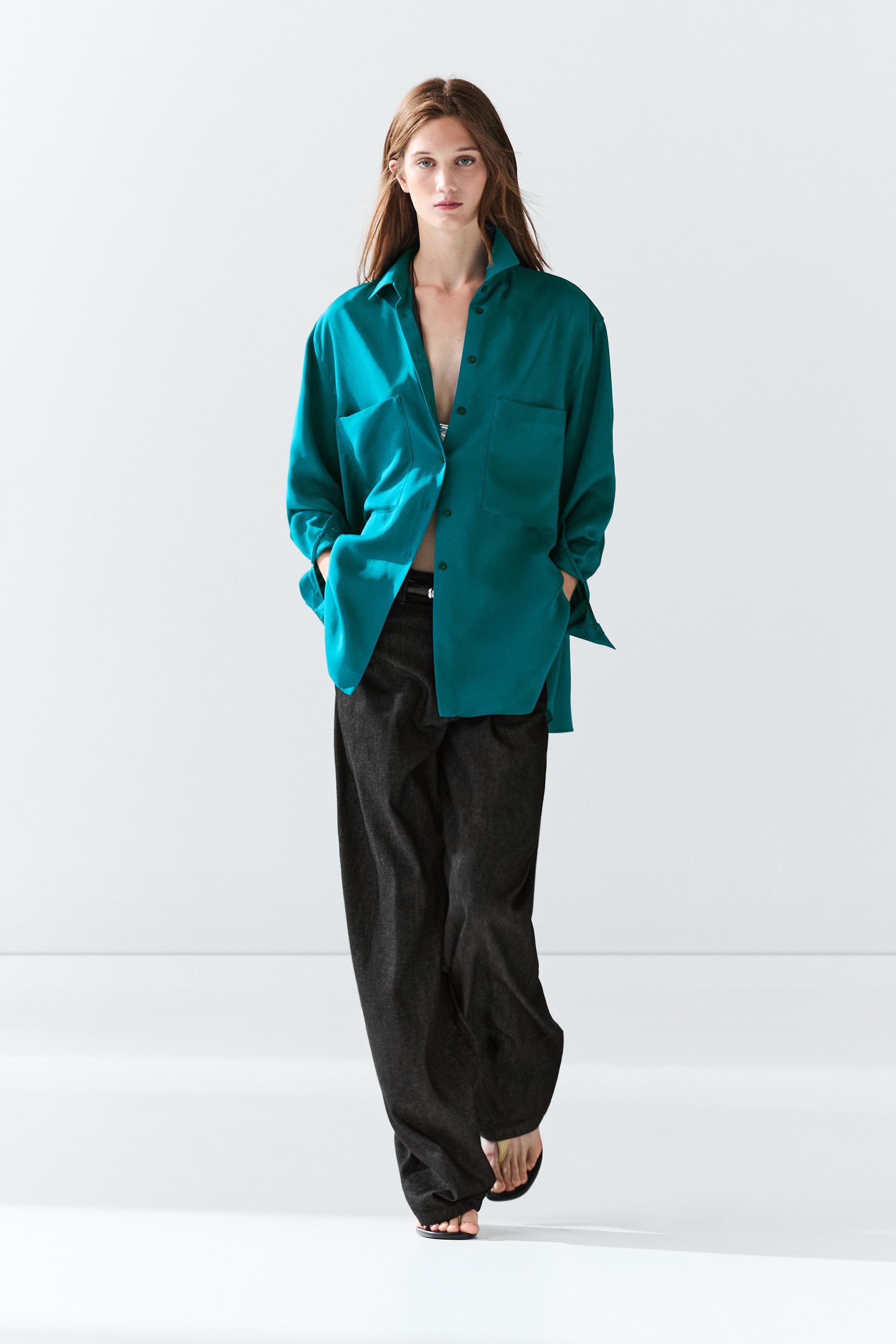 Flowing satin shirt with pockets — GREENISH BLUE