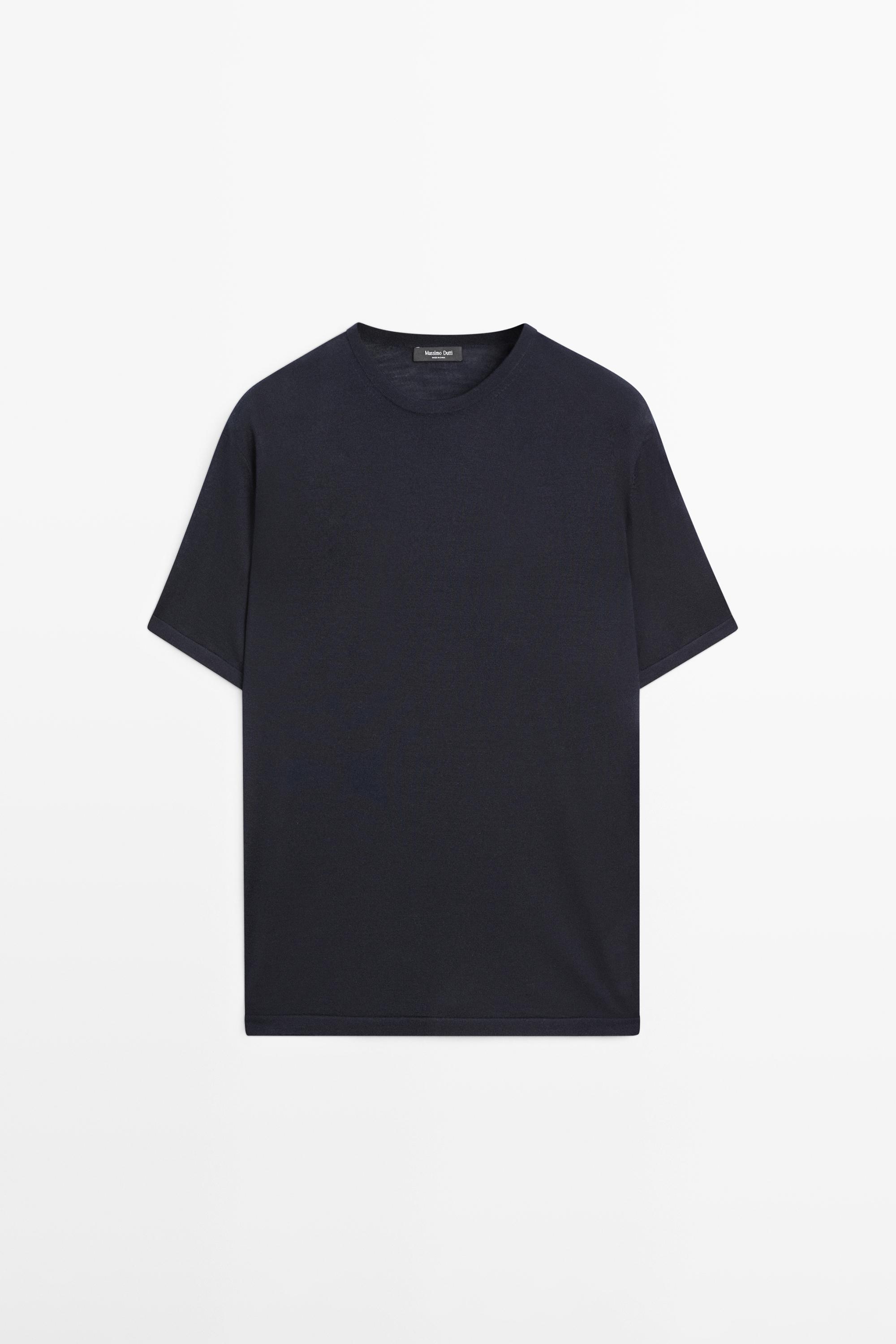 Wool-blend short-sleeve knit sweater — NAVY BLUE