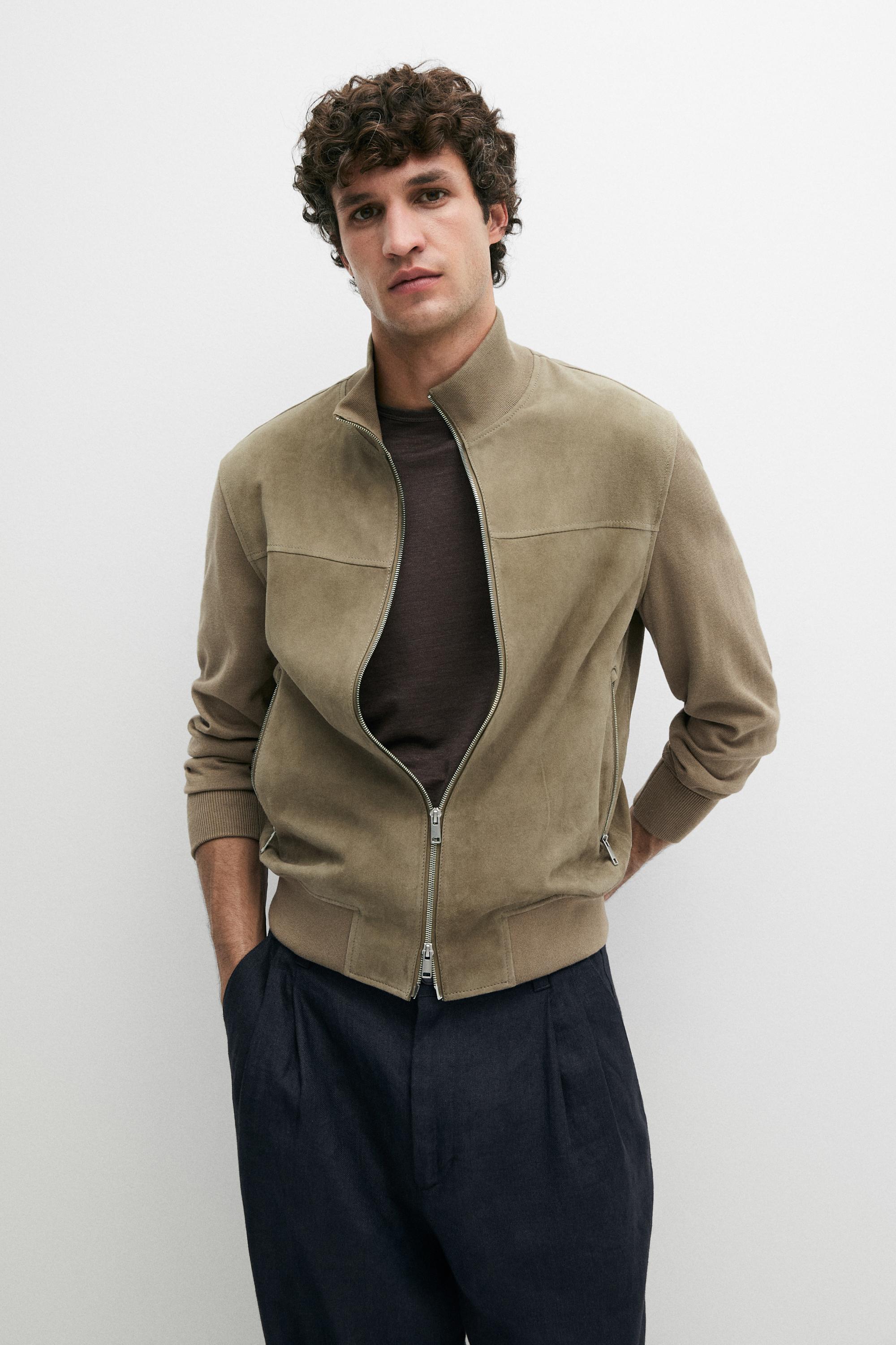 Contrast knit and suede leather jacket — PALE KHAKI
