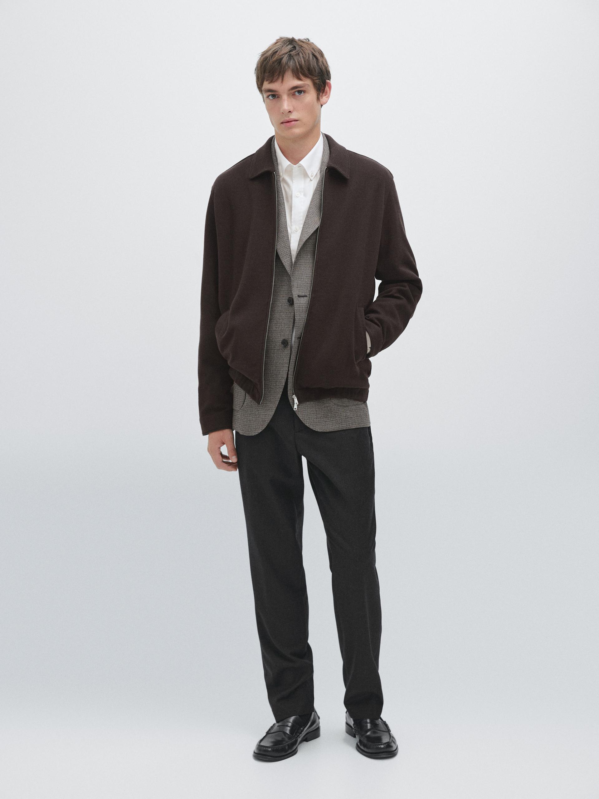 Spodnie Z Flaneli Wełnianej Z Gumką Z Boku - Ciemnoszary - L - Massimo Dutti - Mężczyzna