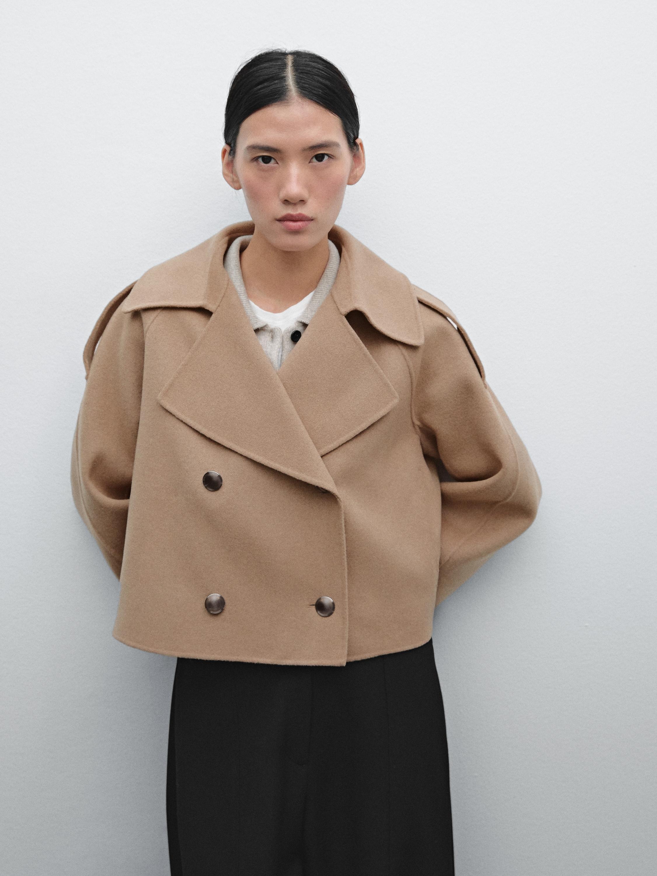 Short double-layer wool blend trench coat