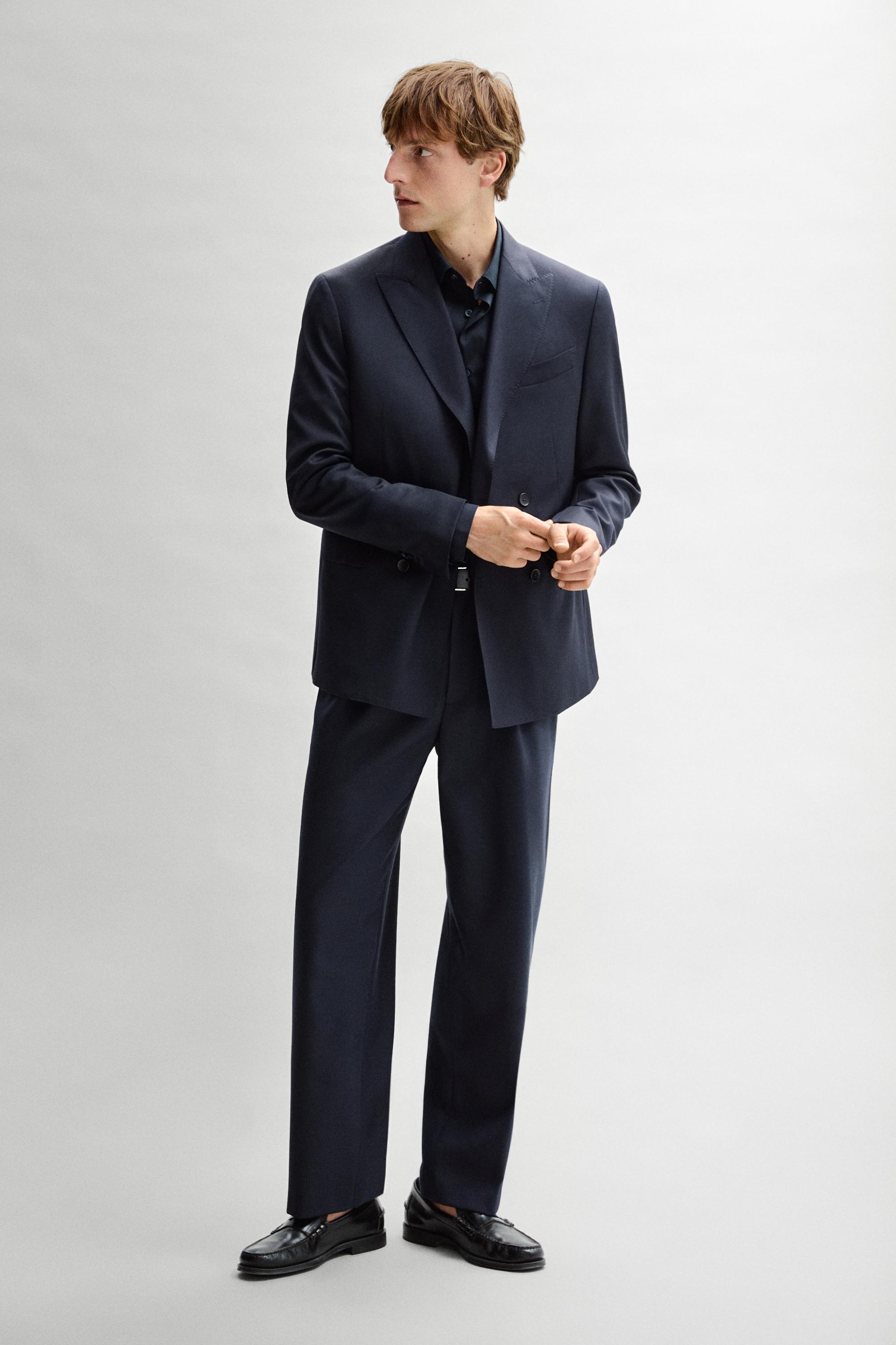 100% cool wool double-breasted suit blazer — NAVY BLUE