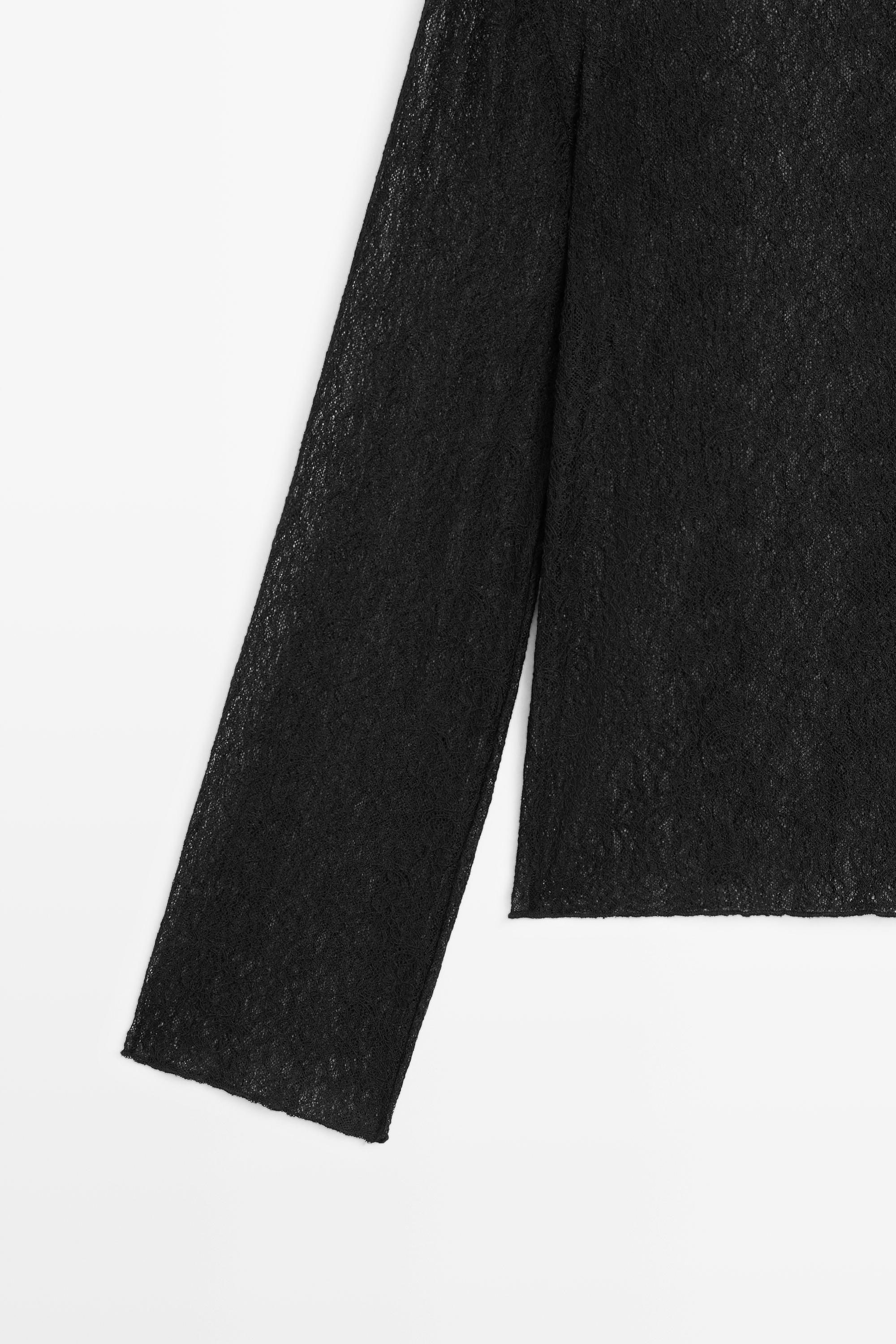 Semi-sheer lace detail T-shirt — BLACK