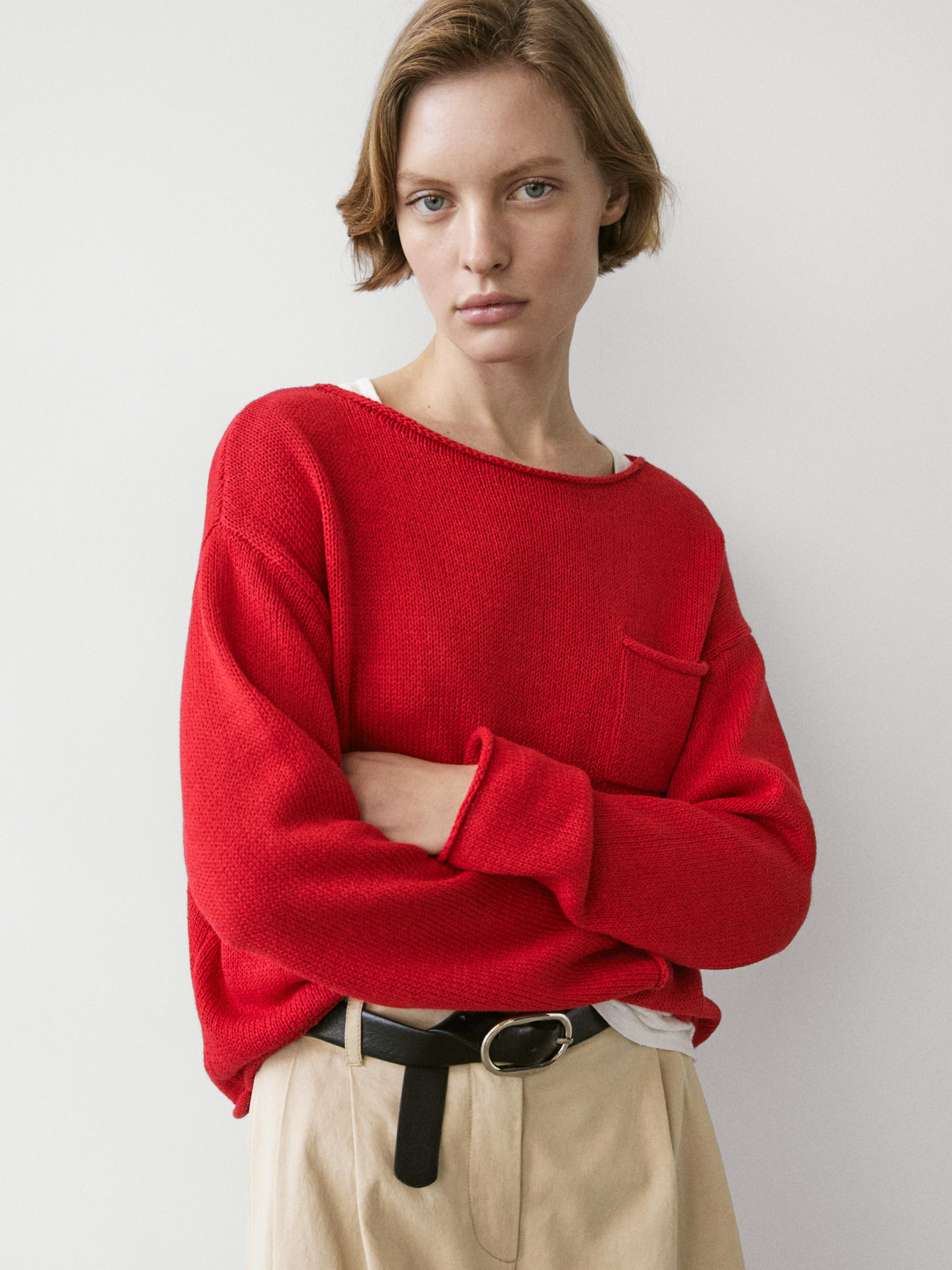 Cotton and linen knit sweater with pocket detail — RED