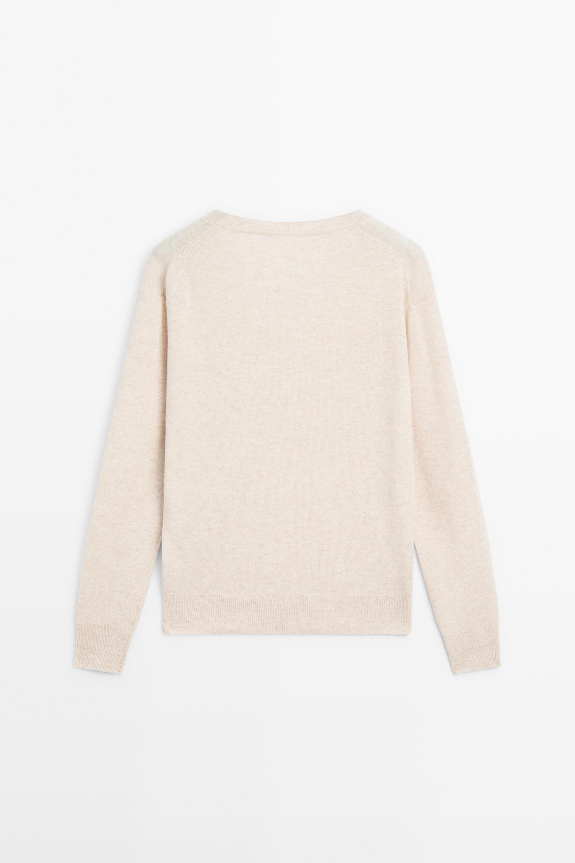 Wool blend V-neck knit sweater — BEIGE MARL