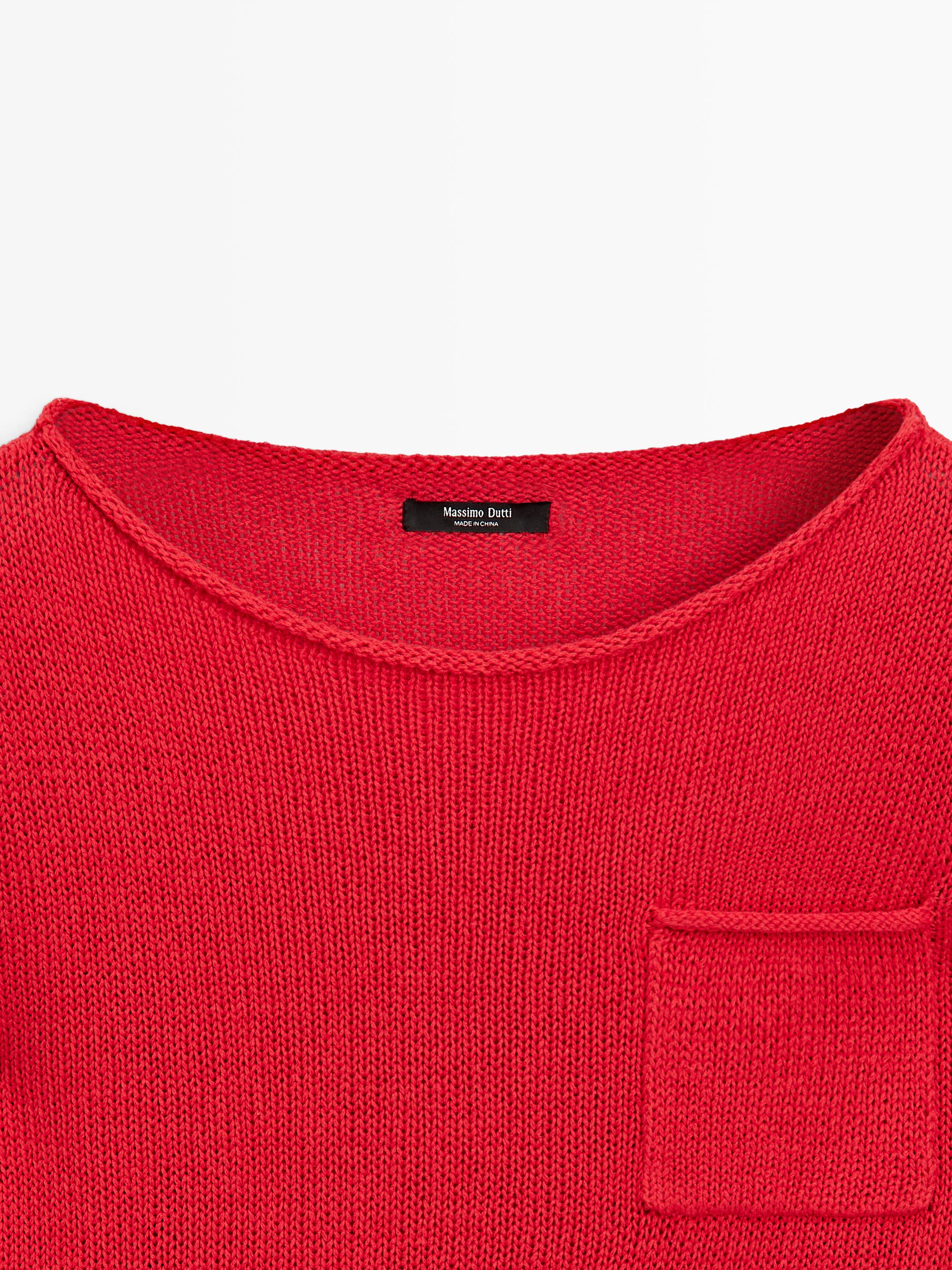 Cotton and linen knit sweater with pocket detail — RED