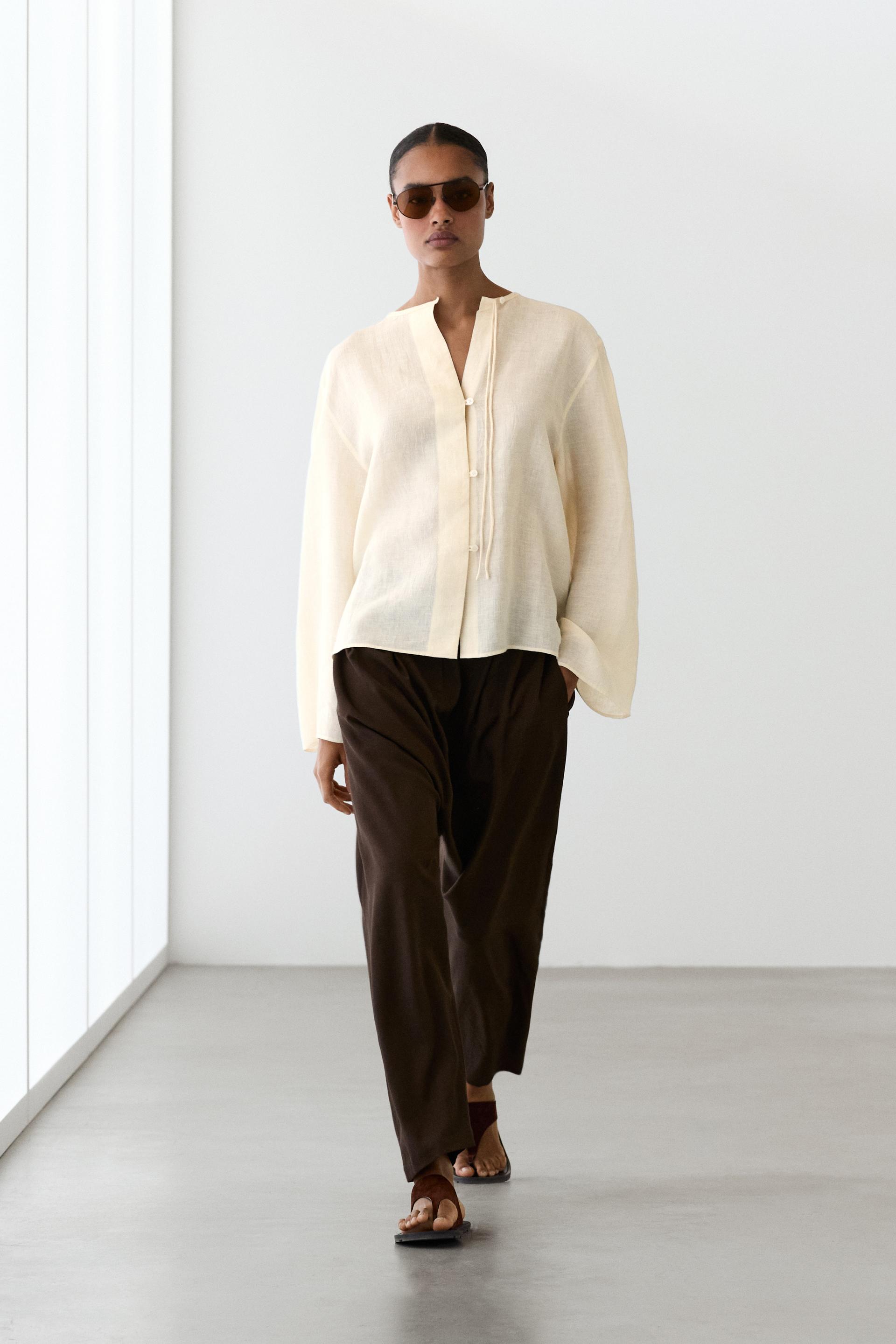 Chemisier 100 % Lin Avec Encolure Travaillée - Vanille - M - Massimo Dutti - Femme