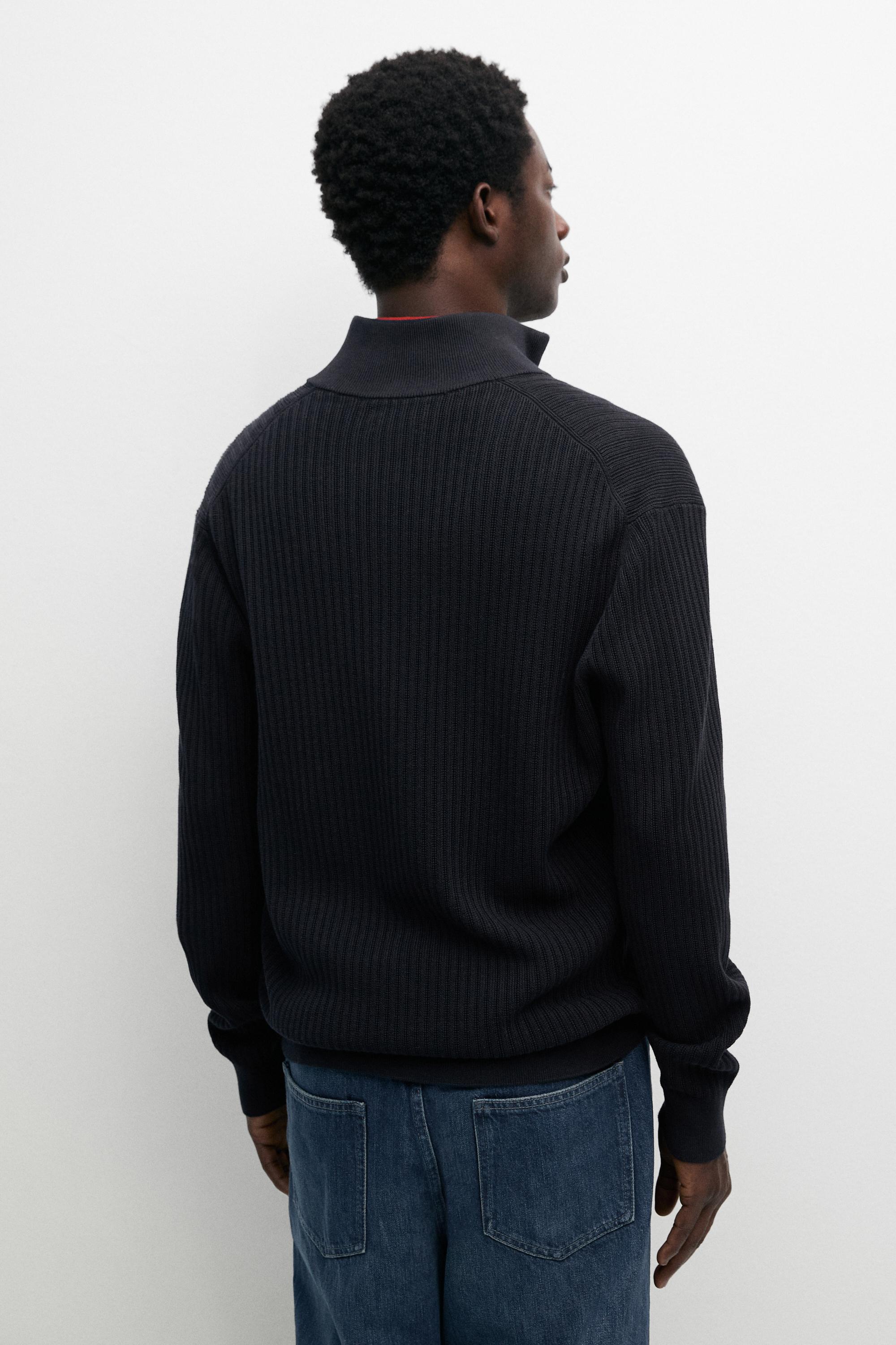 Cotton zip-up knit cardigan — NAVY BLUE