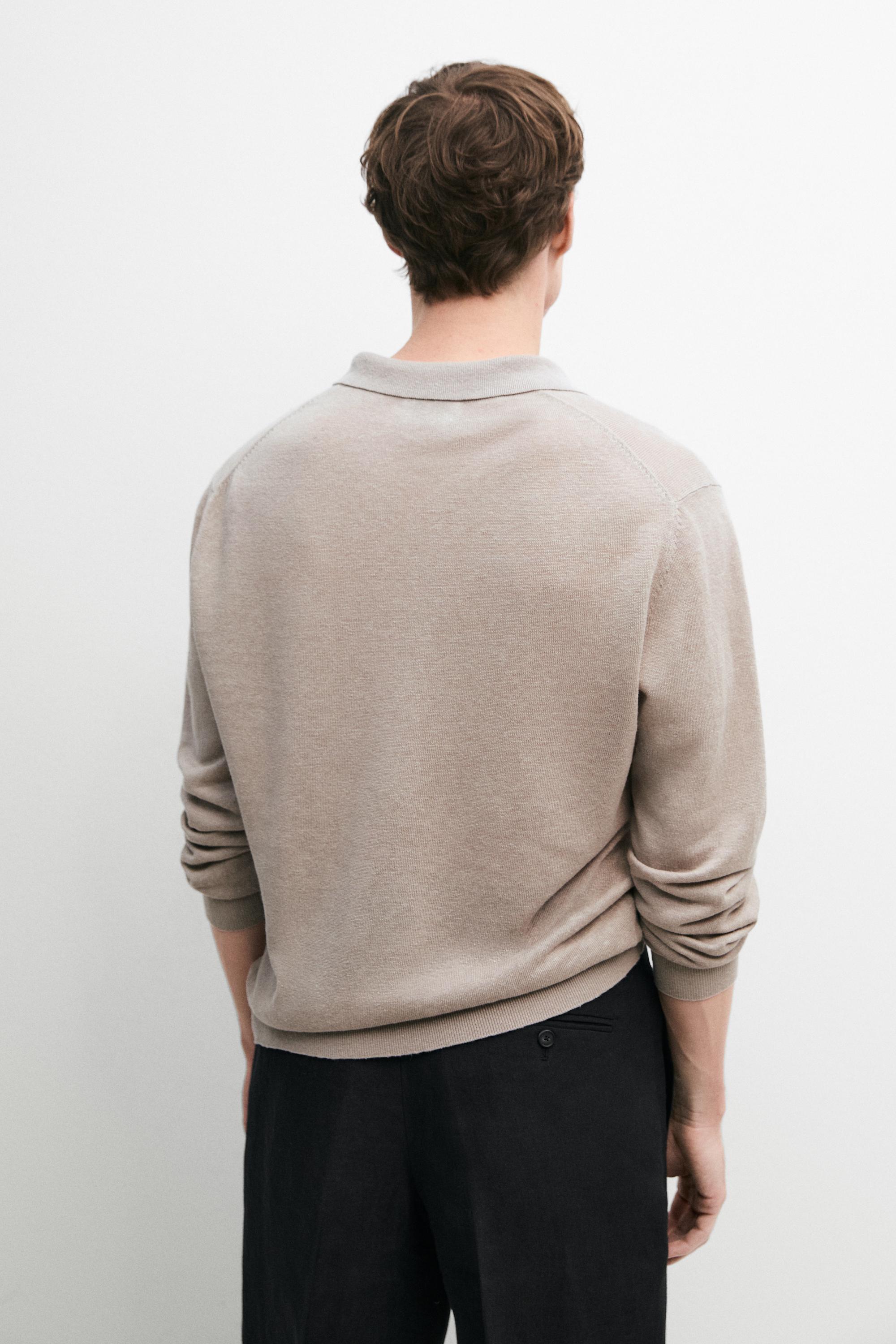 100% linen knit polo collar sweater — STONE