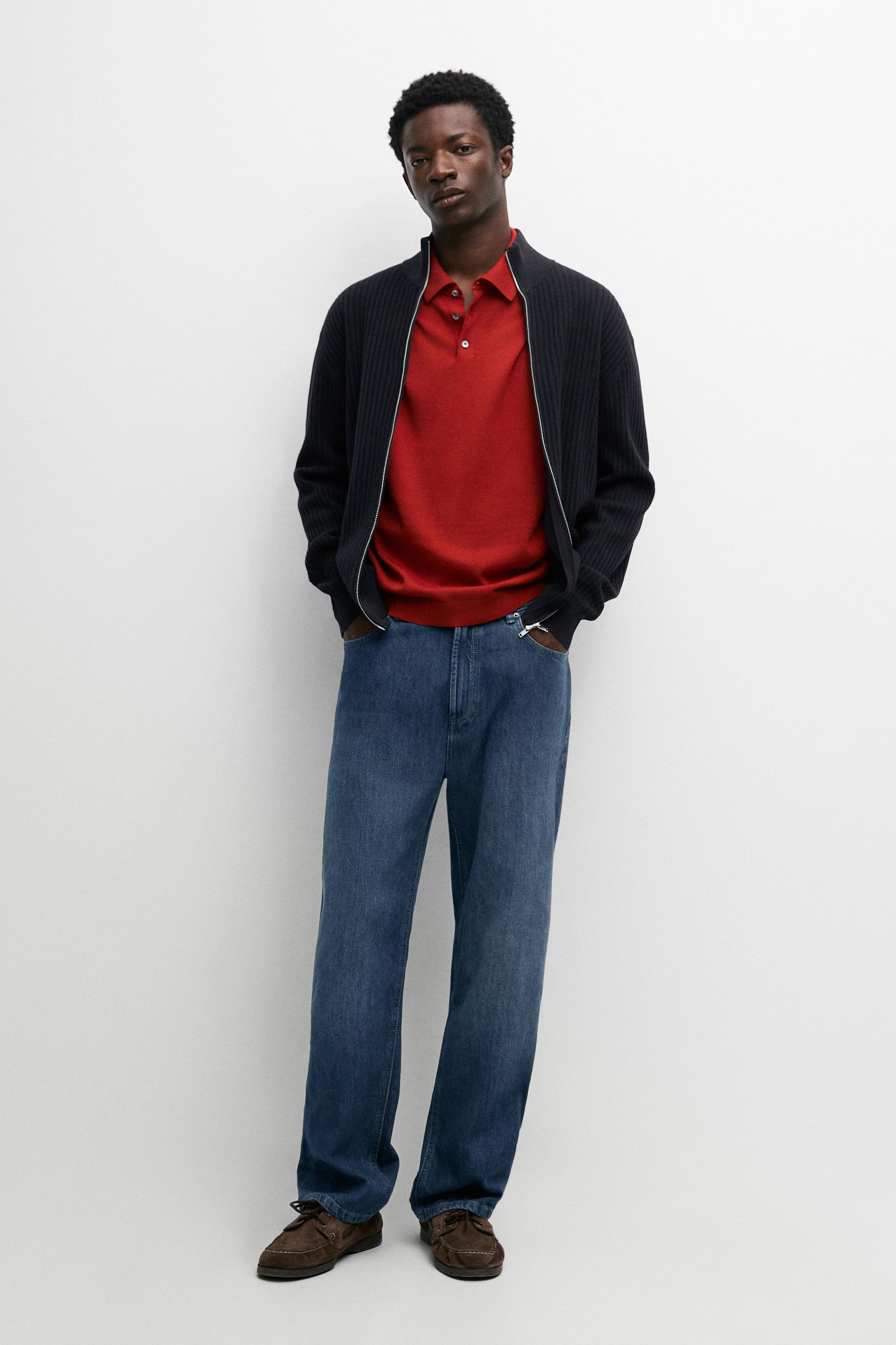 Cotton zip-up knit cardigan — NAVY BLUE