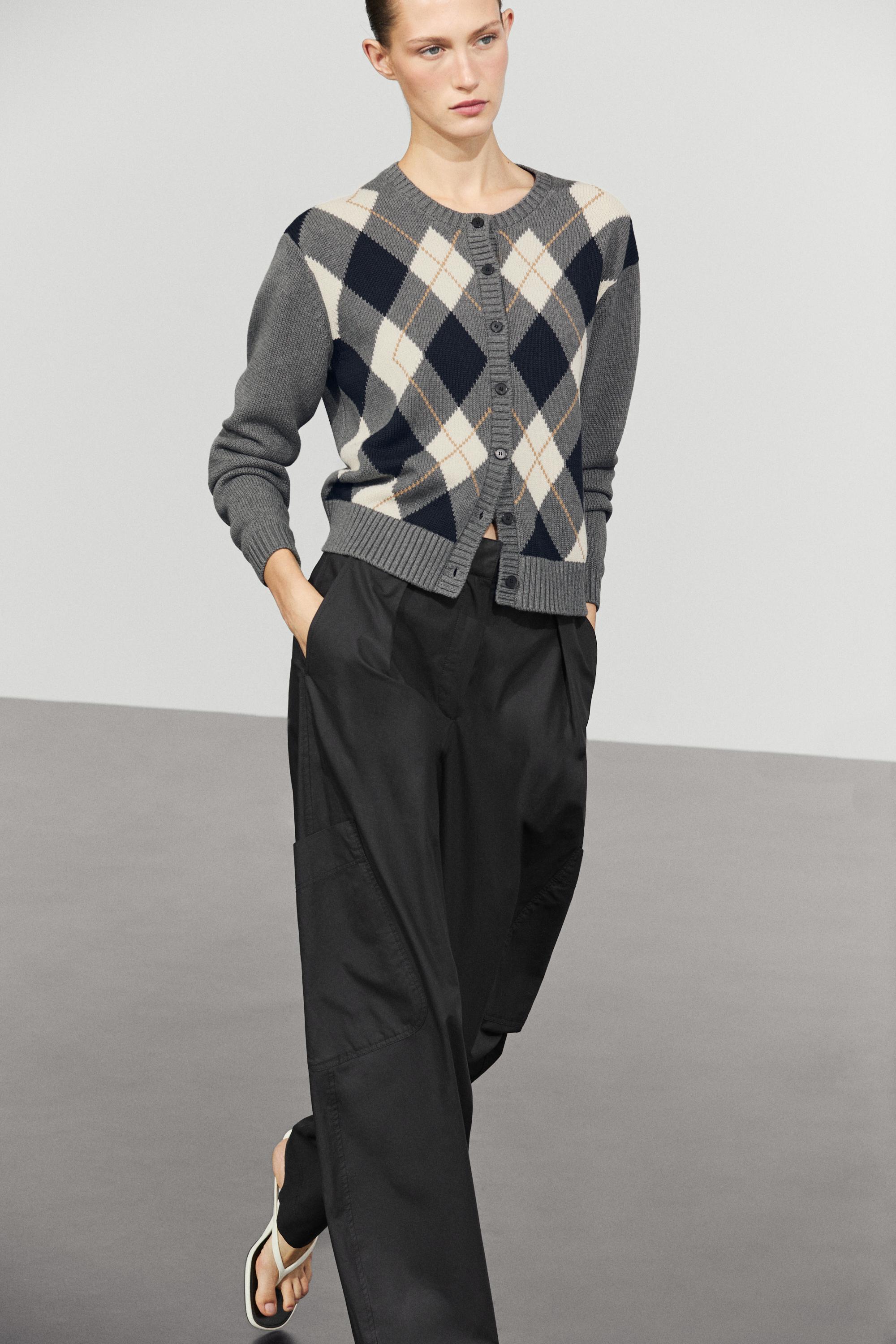 100% cotton diamond knit cardigan — GREY