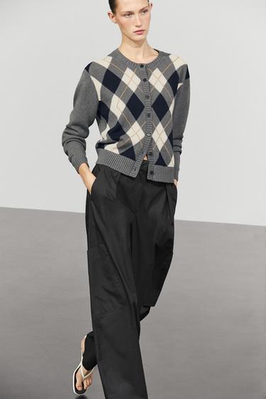 100% cotton argyle knit cardigan — GREY 5