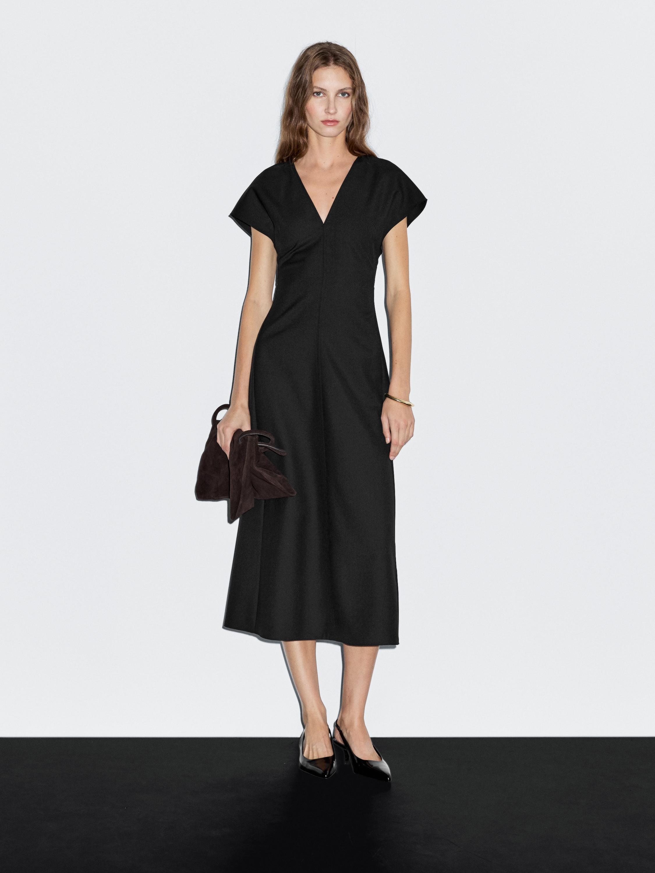 Long wool blend V-neck dress