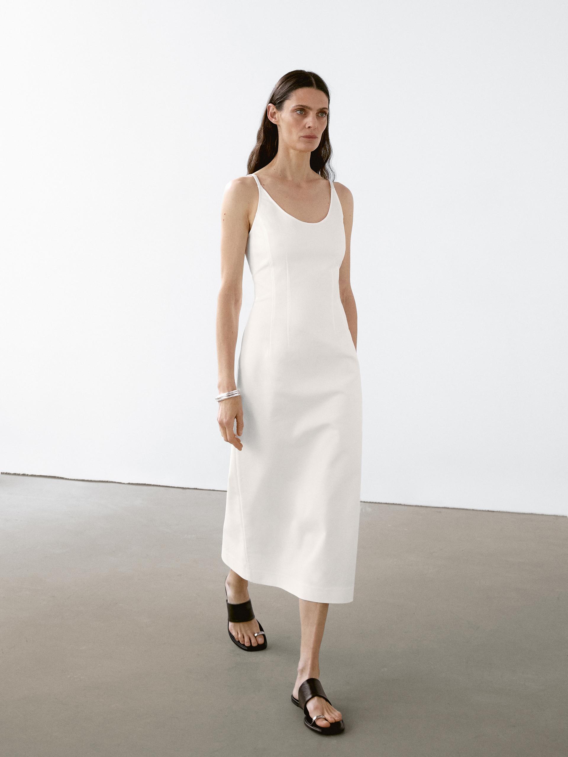 Vestito Midi Con Spalline In Misto Cotone - Bianco - 40 (It 44) - Massimo Dutti - Femminile