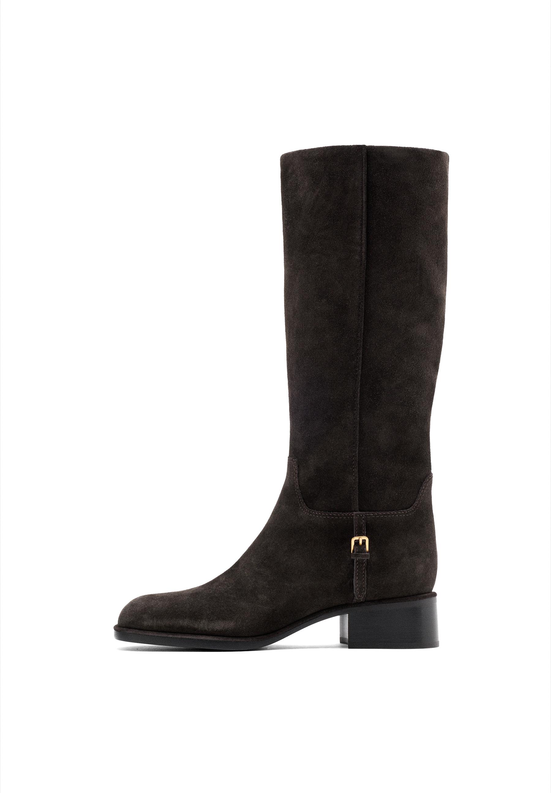 Split suede leather flat boots with side buckle — BROWN