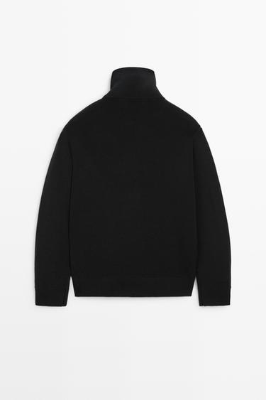 High neck mixed fabric cardigan — BLACK 6