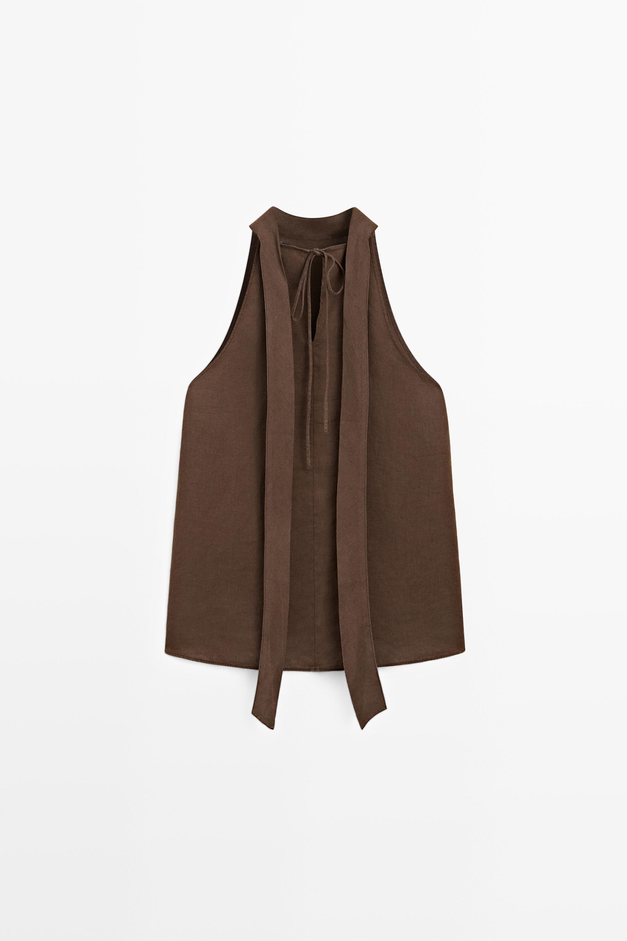 100% linen flowing halter top — BROWN