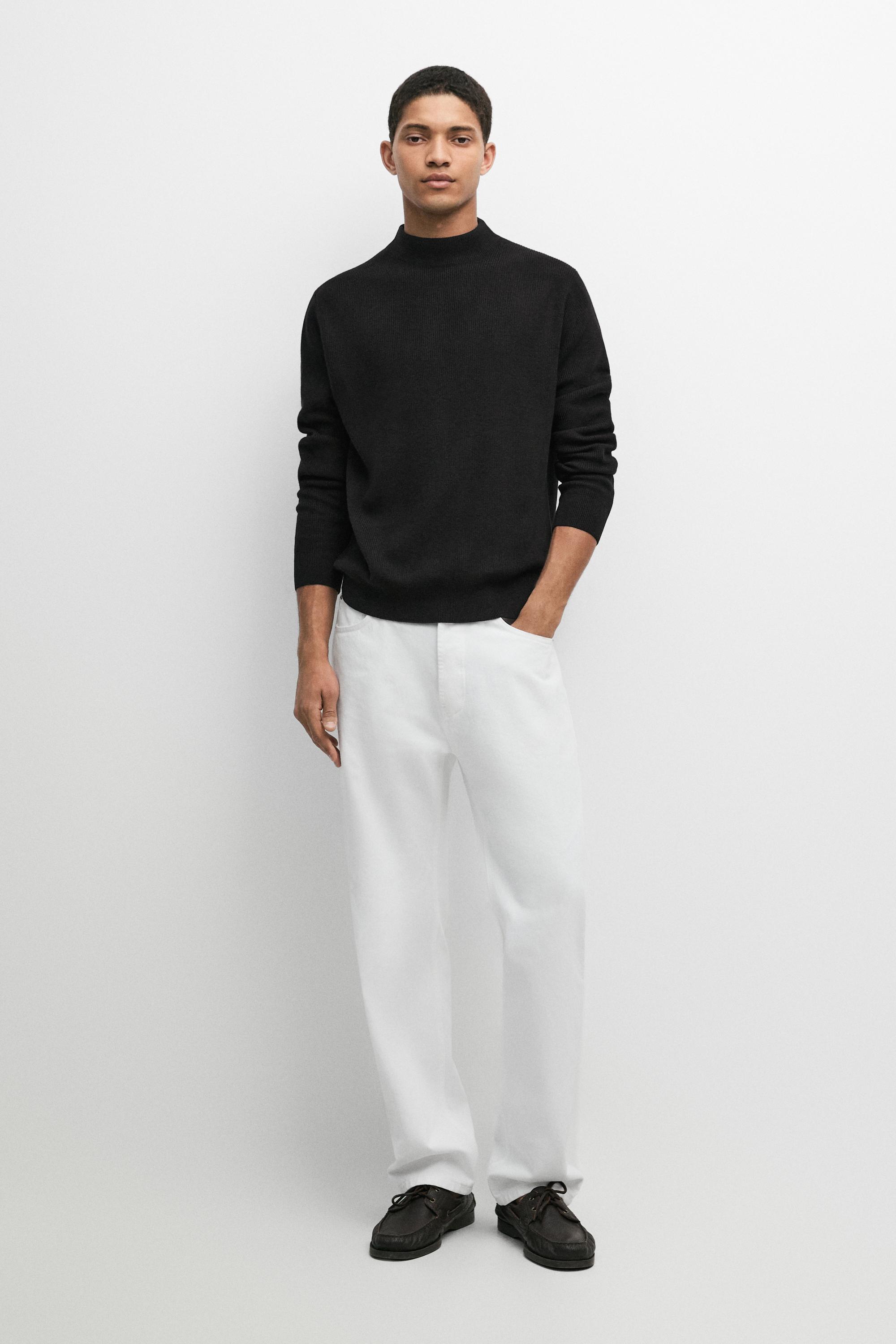 Cotton blend knit sweater with mock turtleneck — BLACK