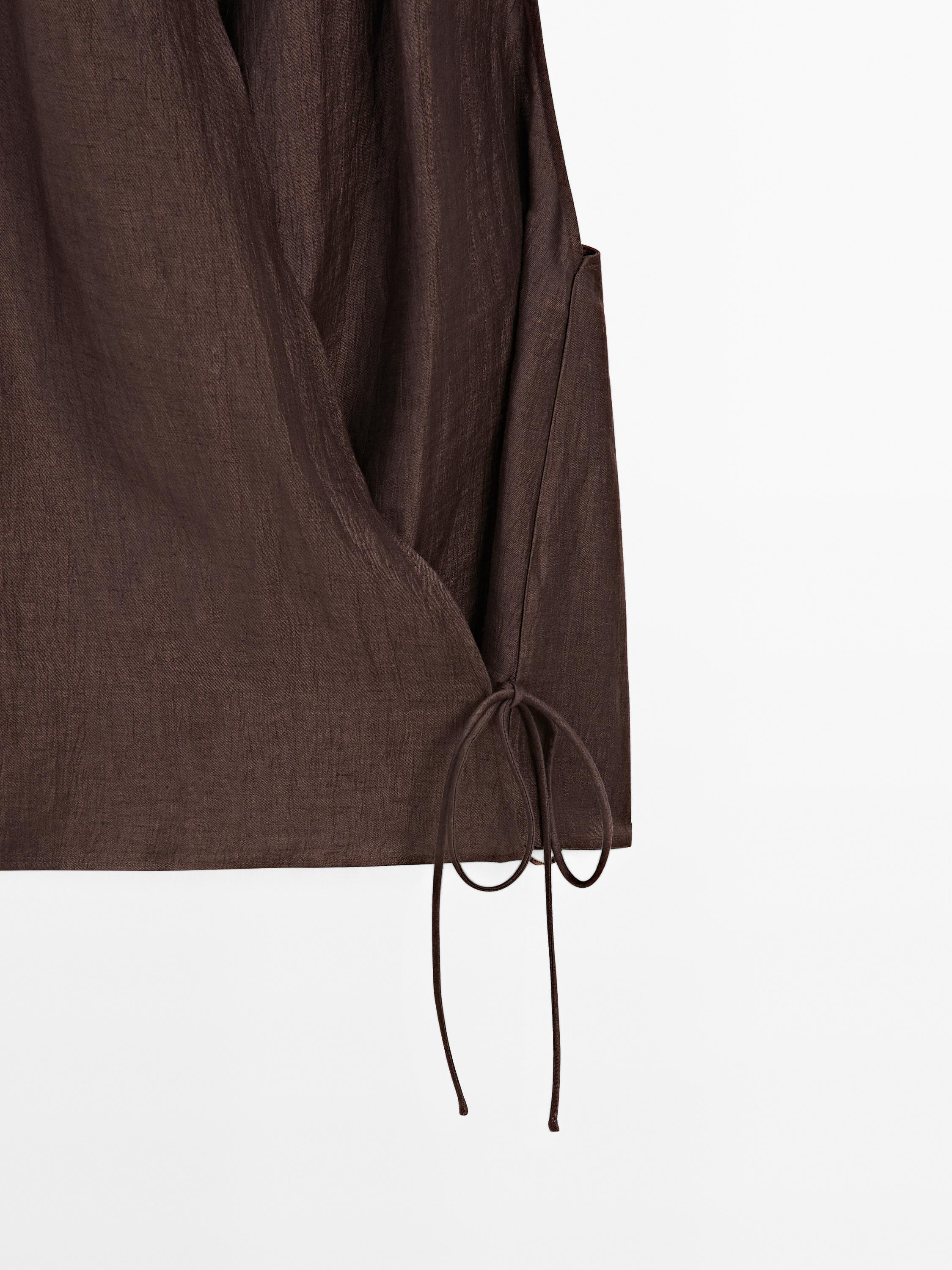 Keten karışımlı kruvaze halter yaka top