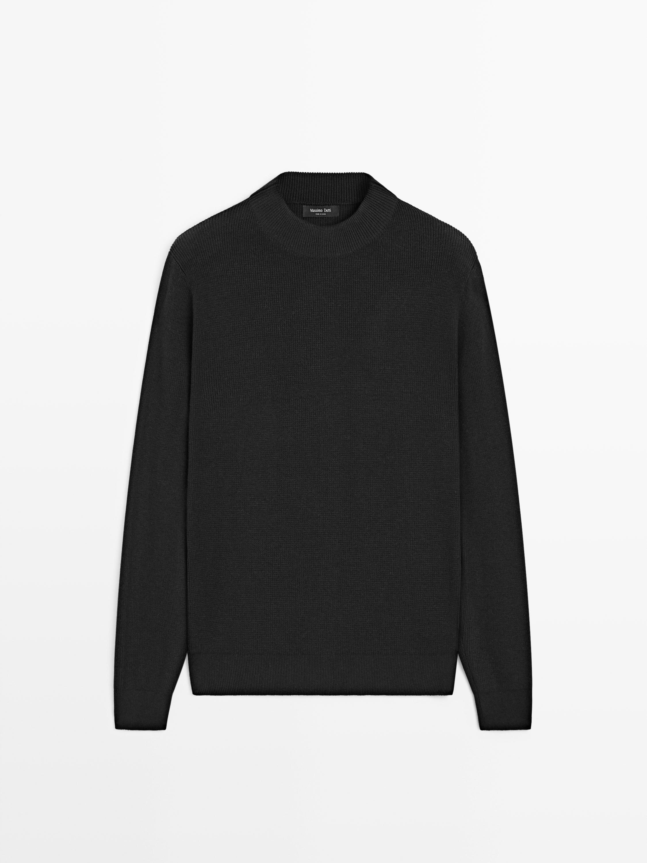Cotton blend knit sweater with mock turtleneck — BLACK