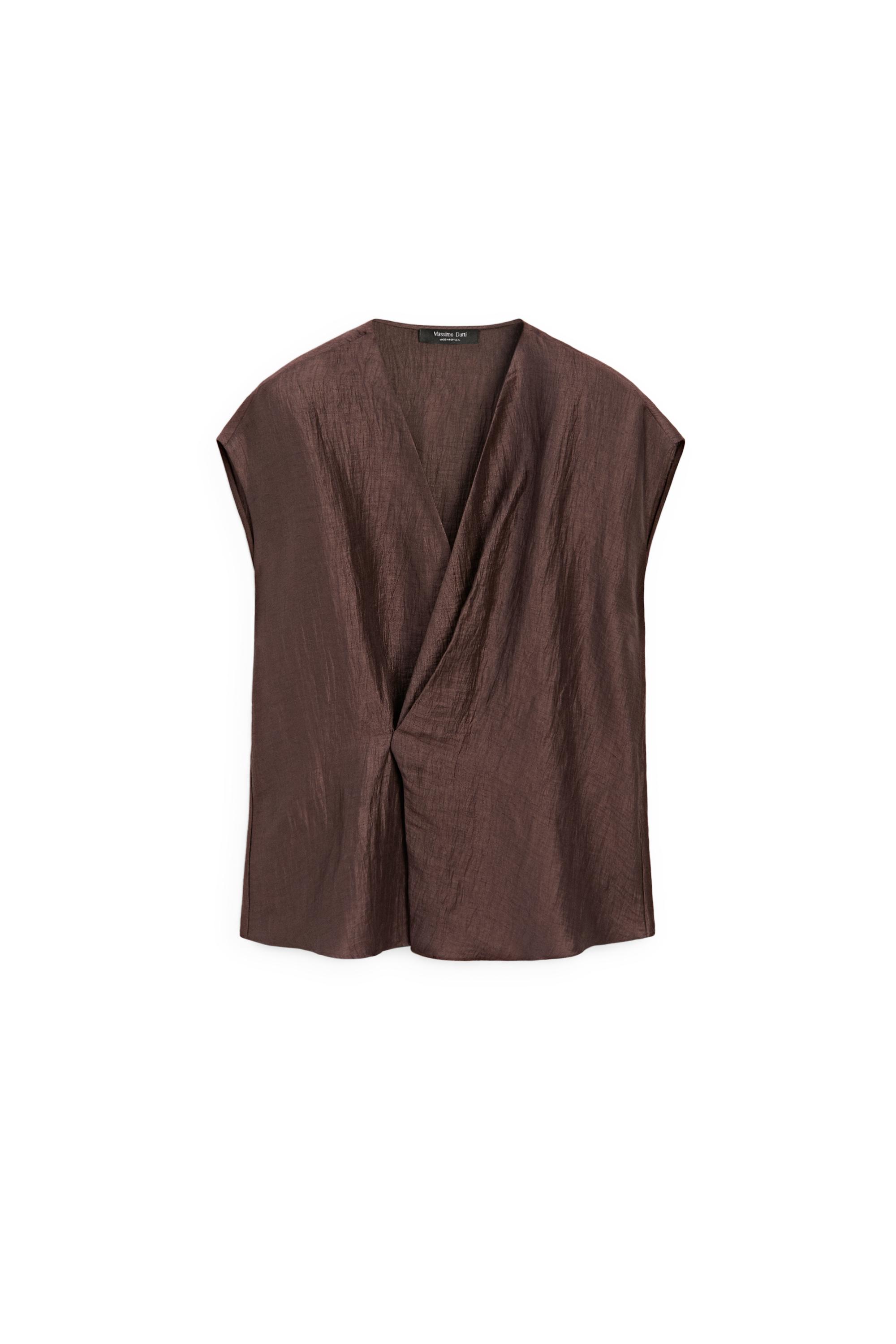 Fluid linen blend crossover kimono — BROWN