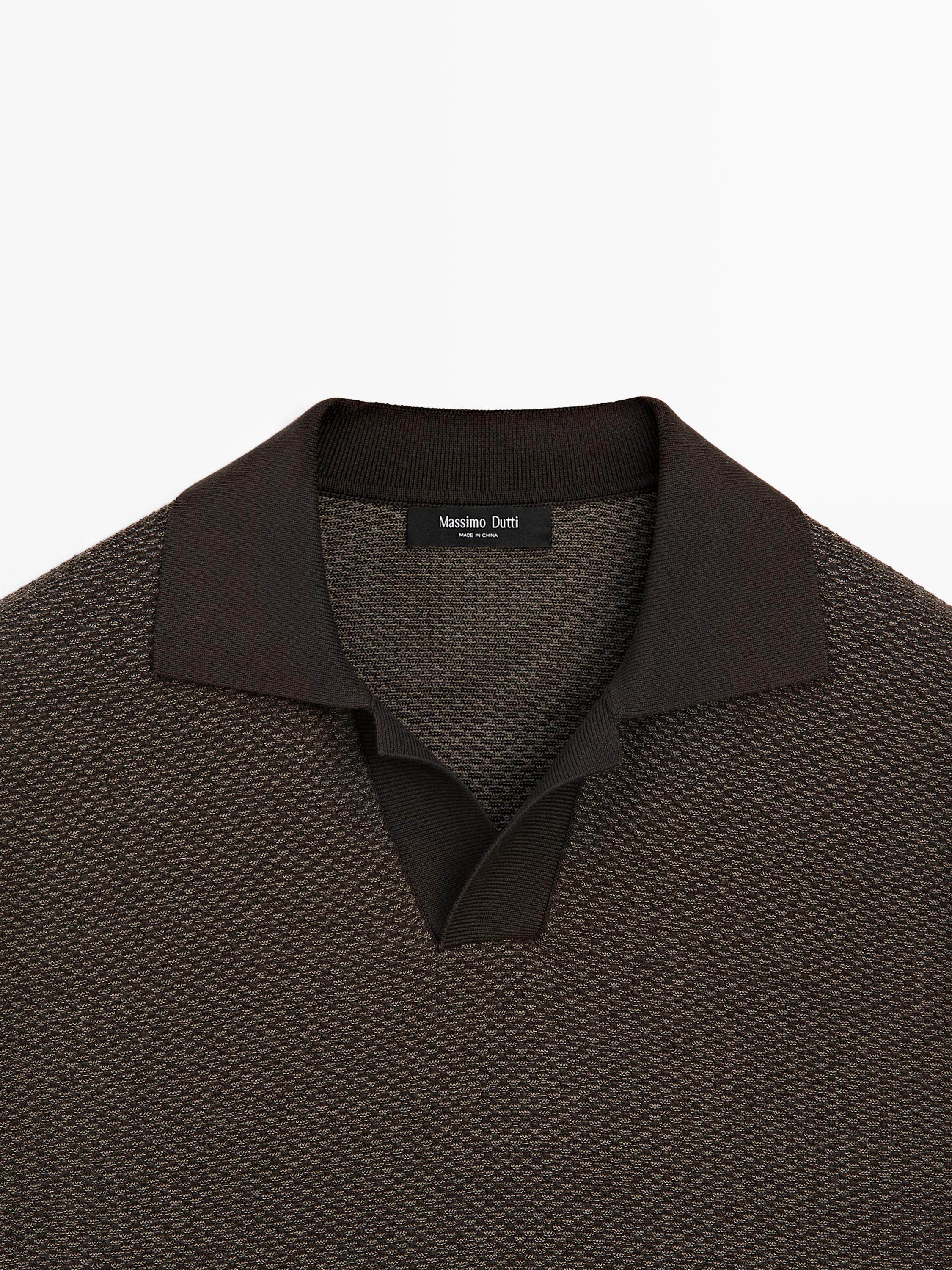 100% cotton textured knit polo sweater — BROWN MARL