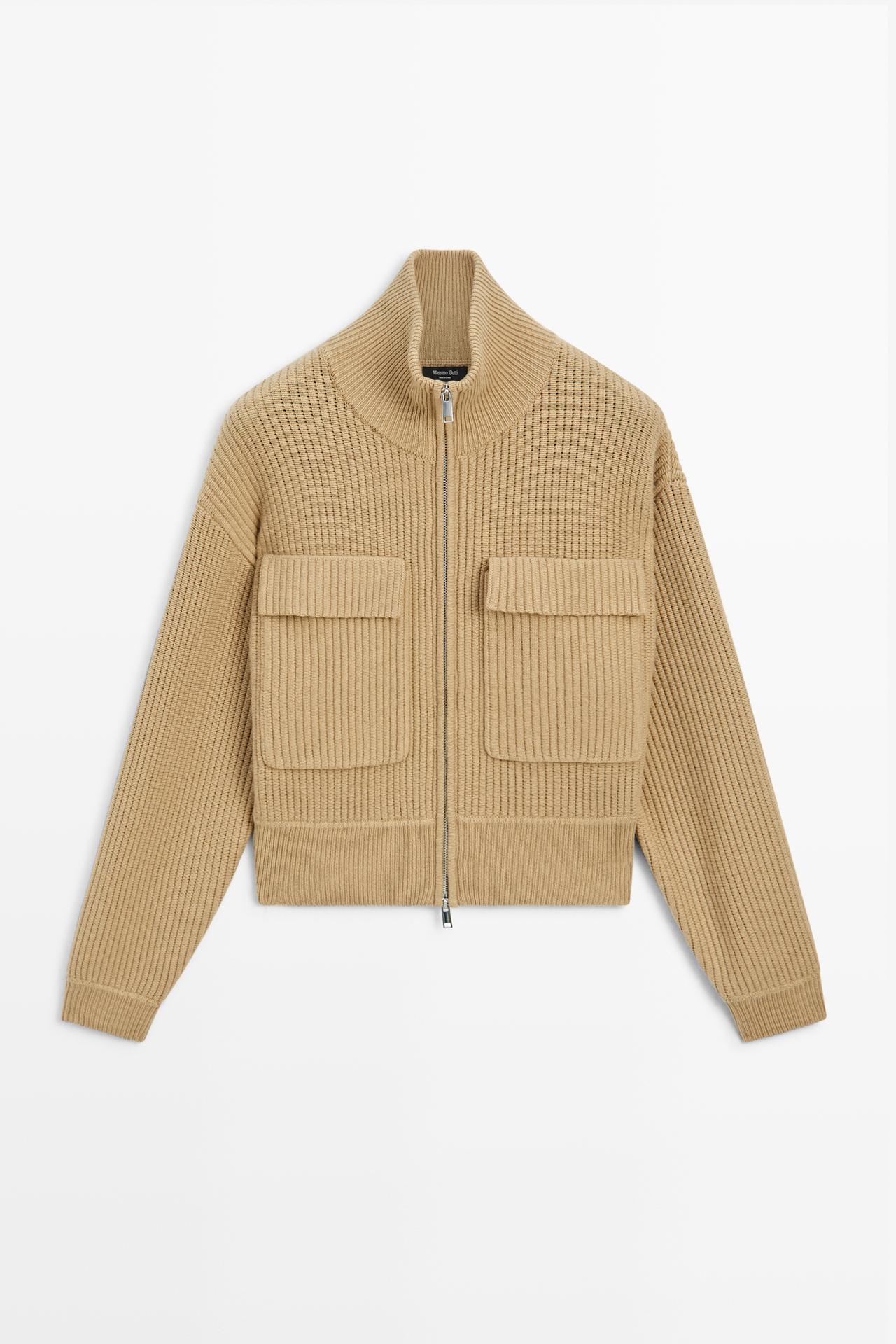 Zip-up knit cardigan with cotton — CAMEL