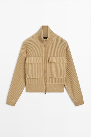 Zip-up knit cardigan with cotton — CAMEL 2