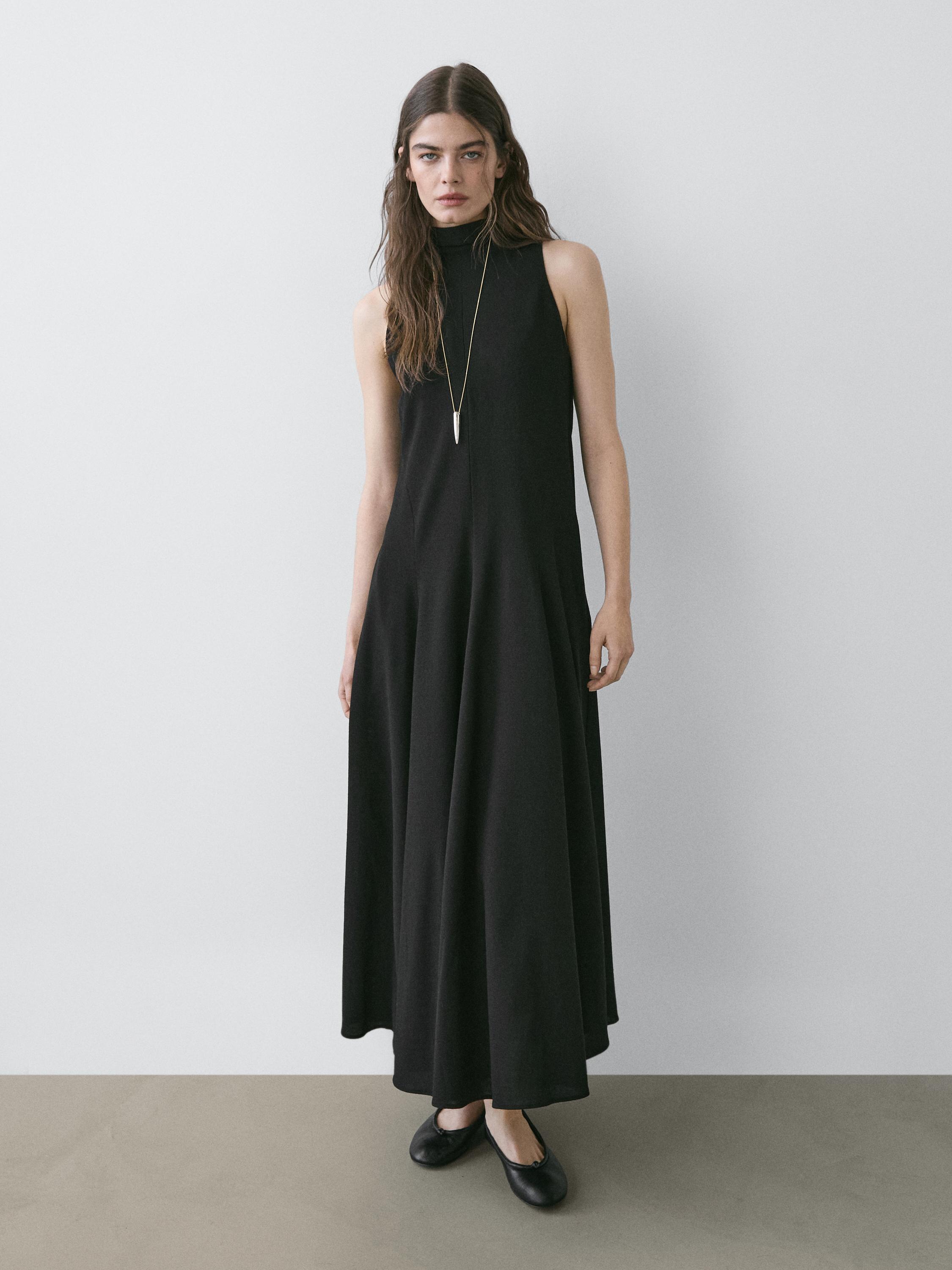 Halter neck midi dress with tie detail — BLACK